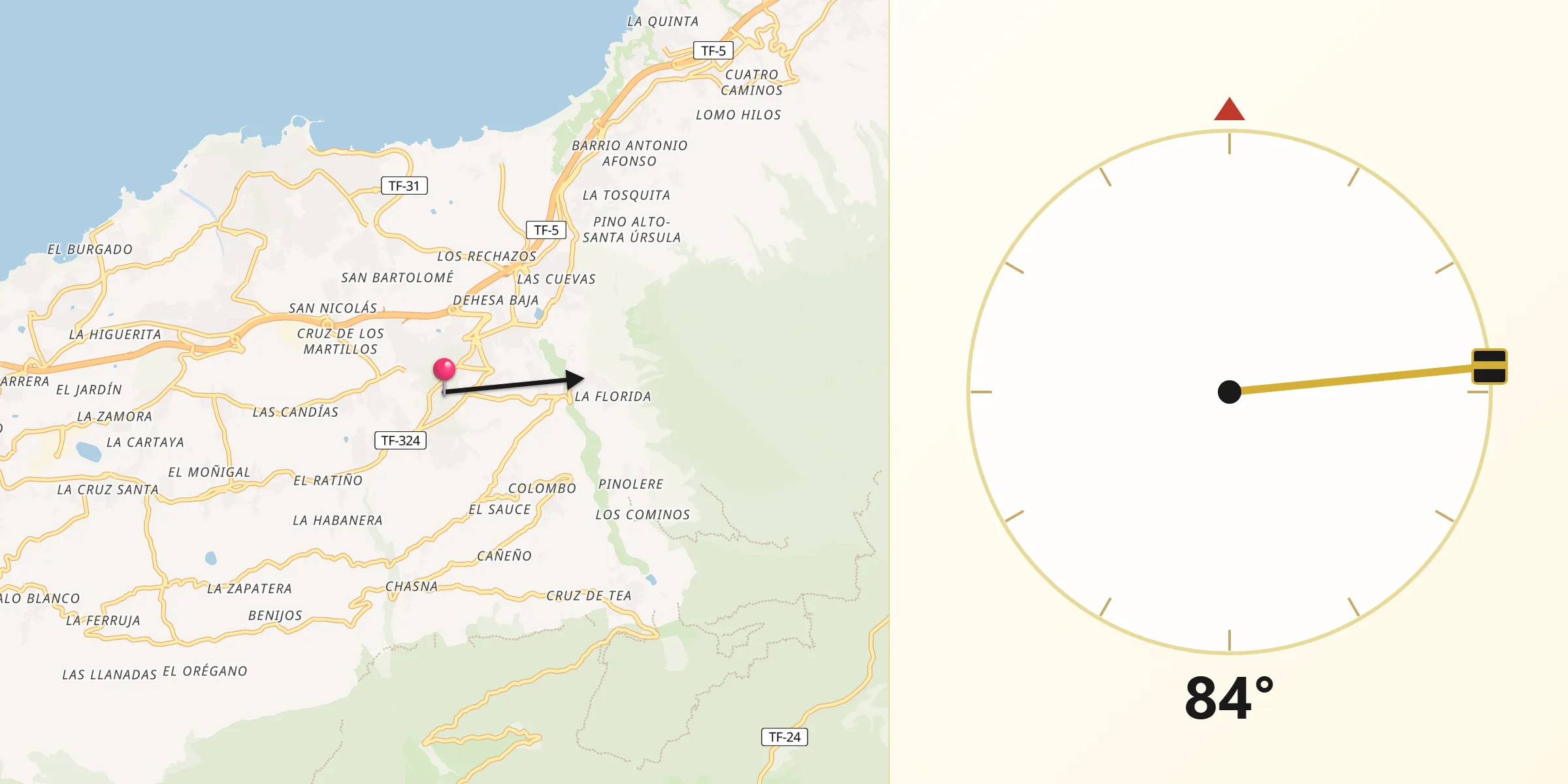 Dirección de la Qibla desde La Orotava