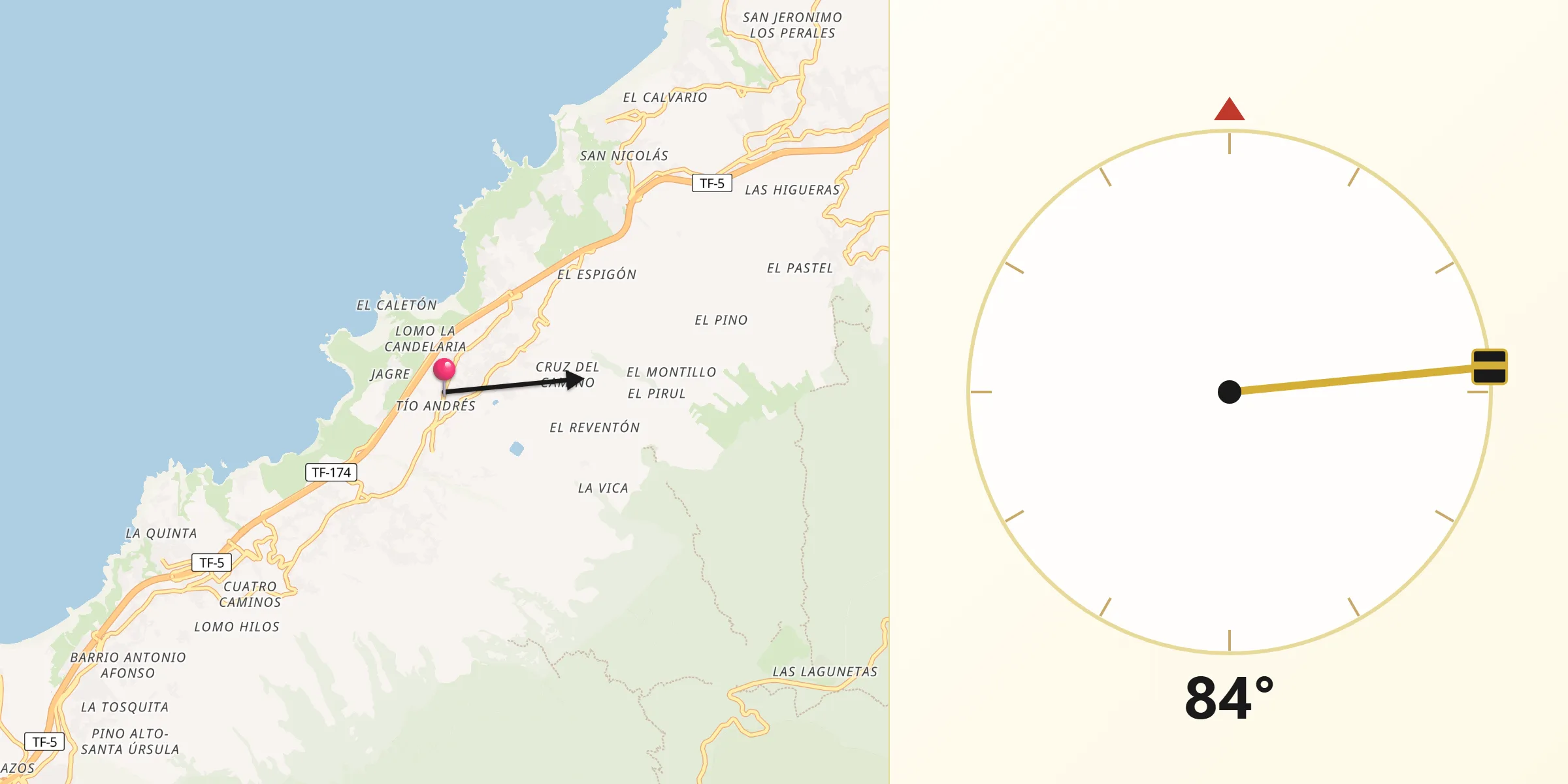 Dirección de la Qibla desde La Matanza de Acentejo