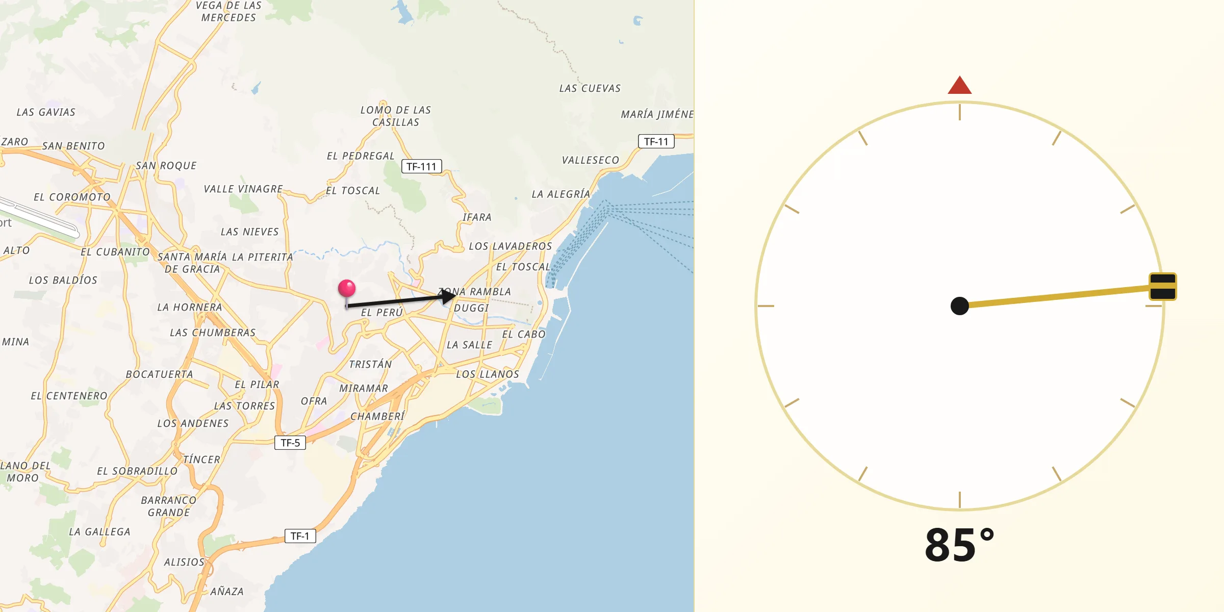 Dirección de la Qibla desde Arico