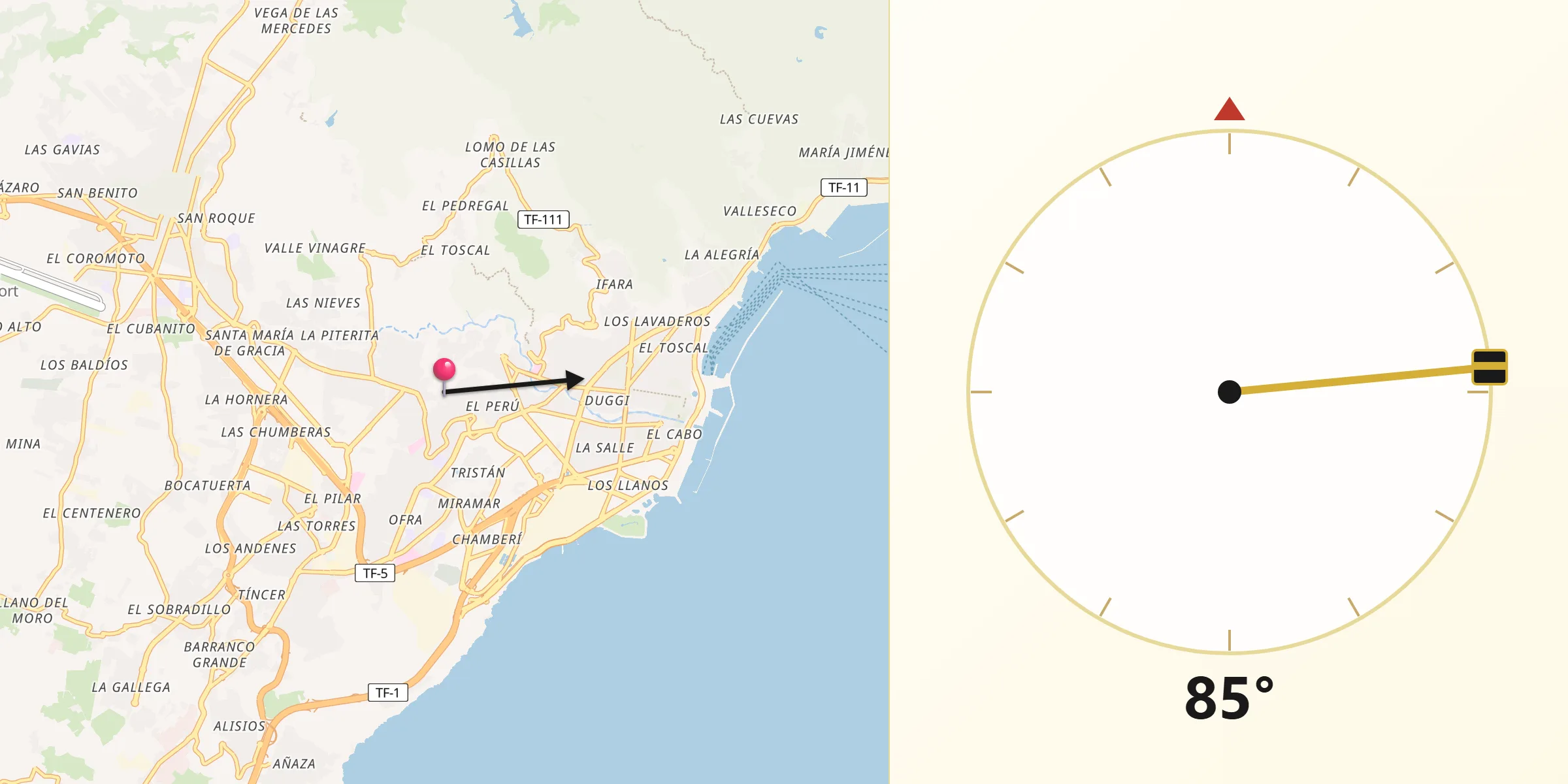 Dirección de la Qibla desde La Guancha