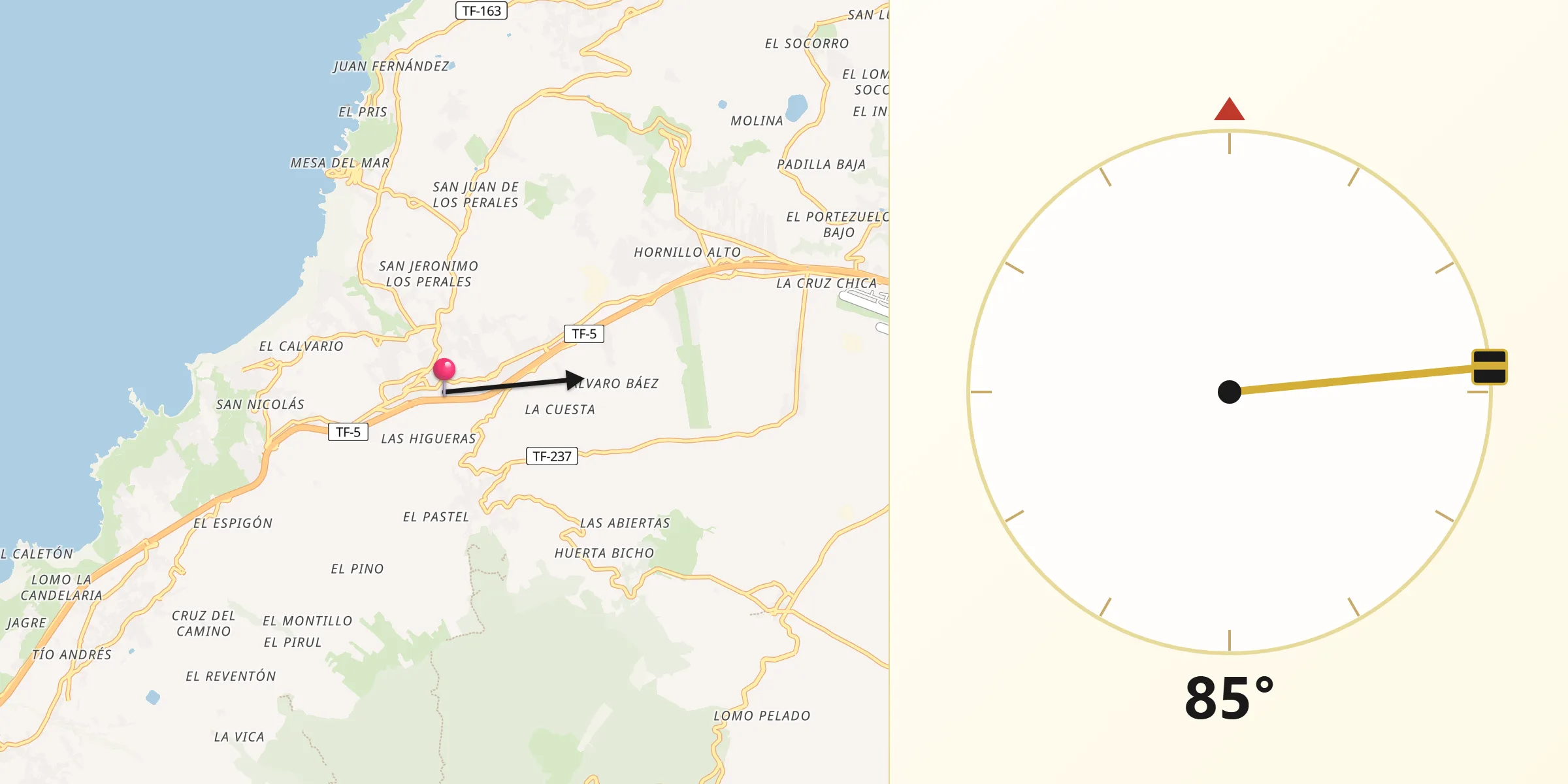 Dirección de la Qibla desde Tacoronte