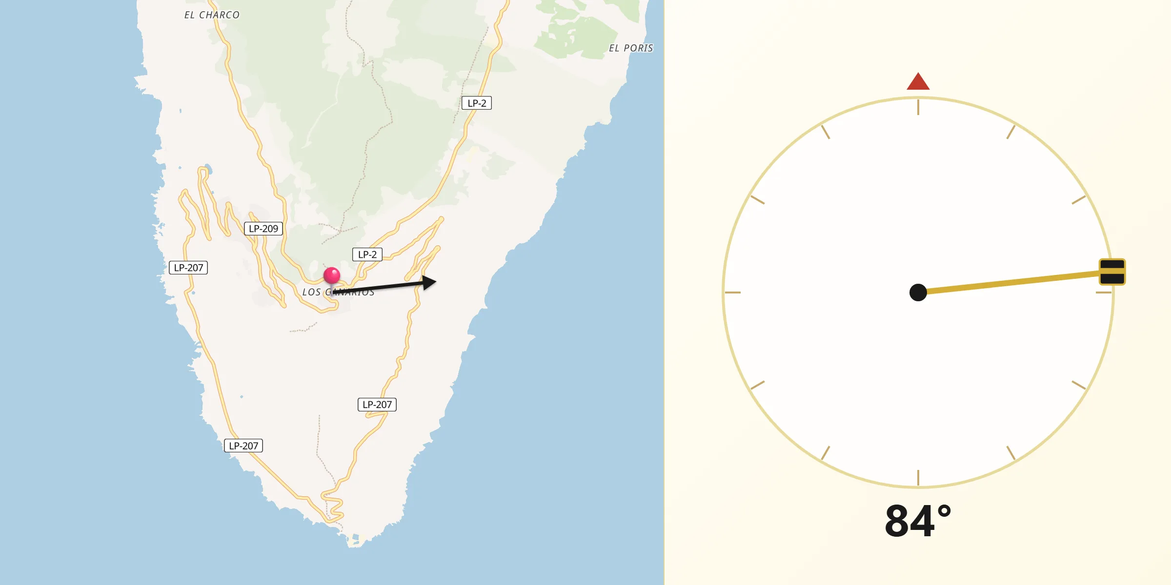 Dirección de la Qibla desde Fuencaliente de la Palma