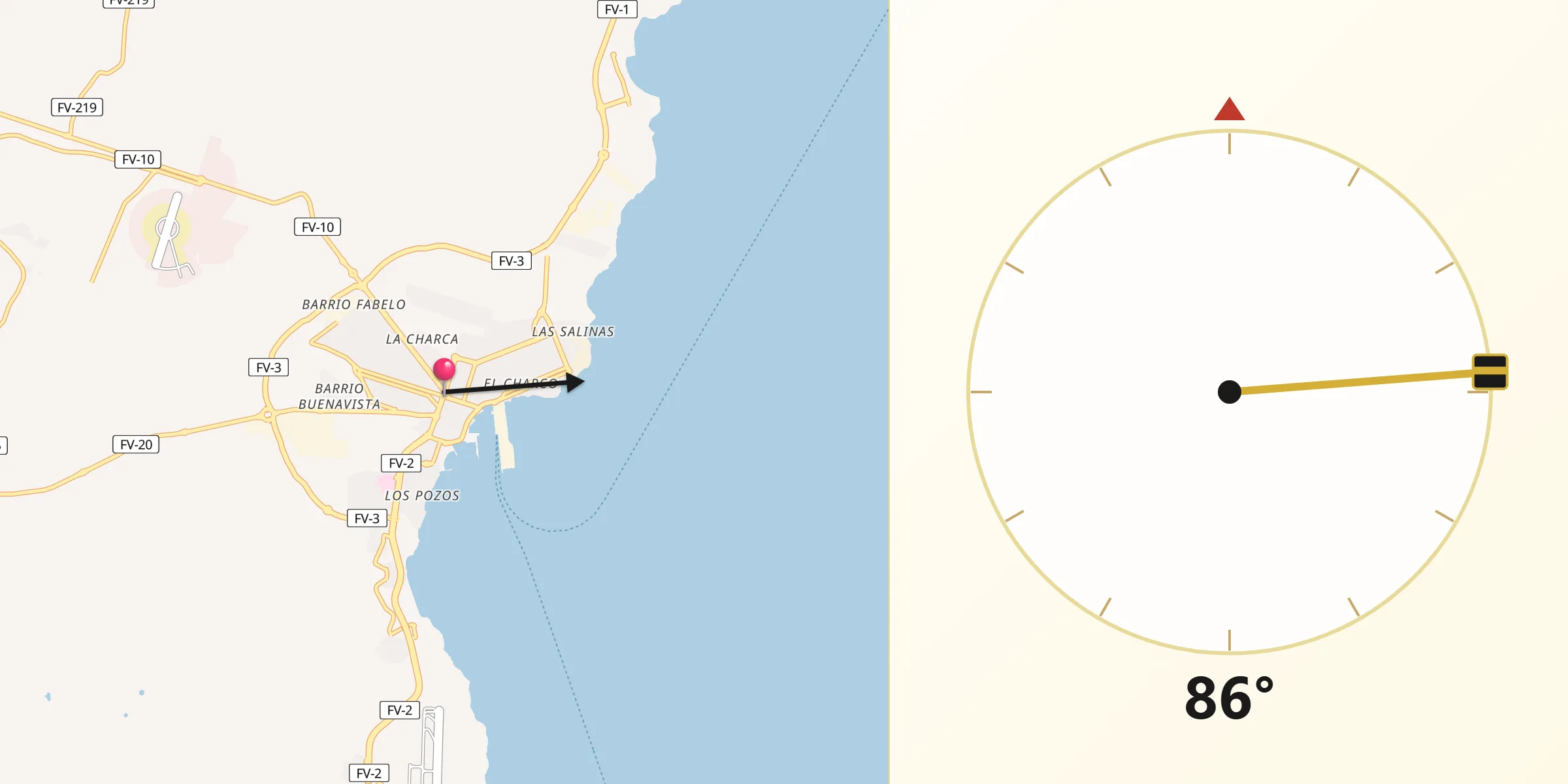 Dirección de la Qibla desde Puerto del Rosario