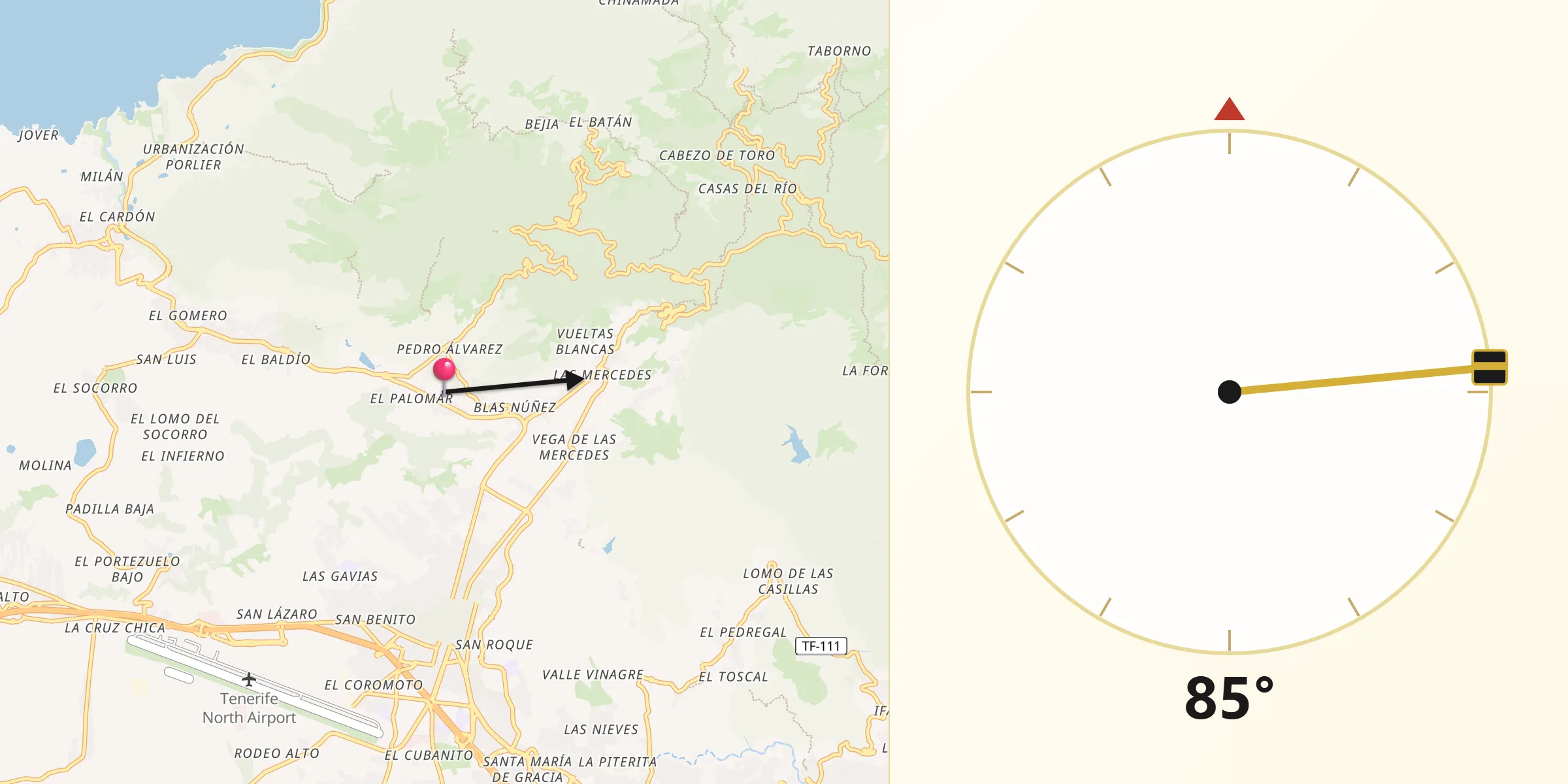 Dirección de la Qibla desde Tegueste