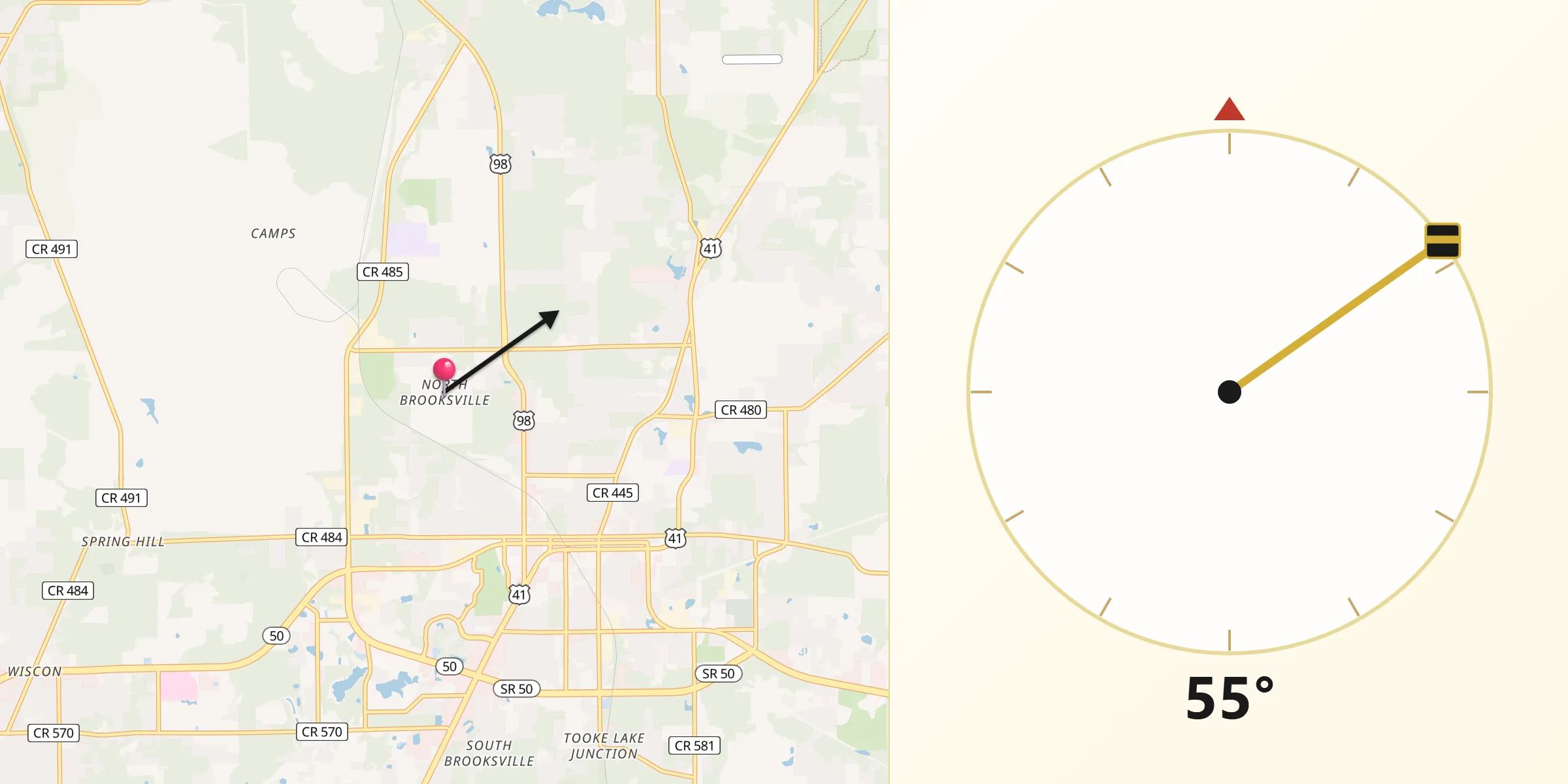 Qibla Direction from North Brooksville