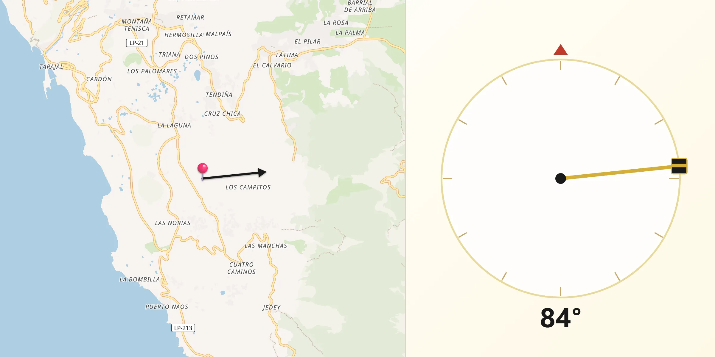 Dirección de la Qibla desde Llanos de Aridane Los
