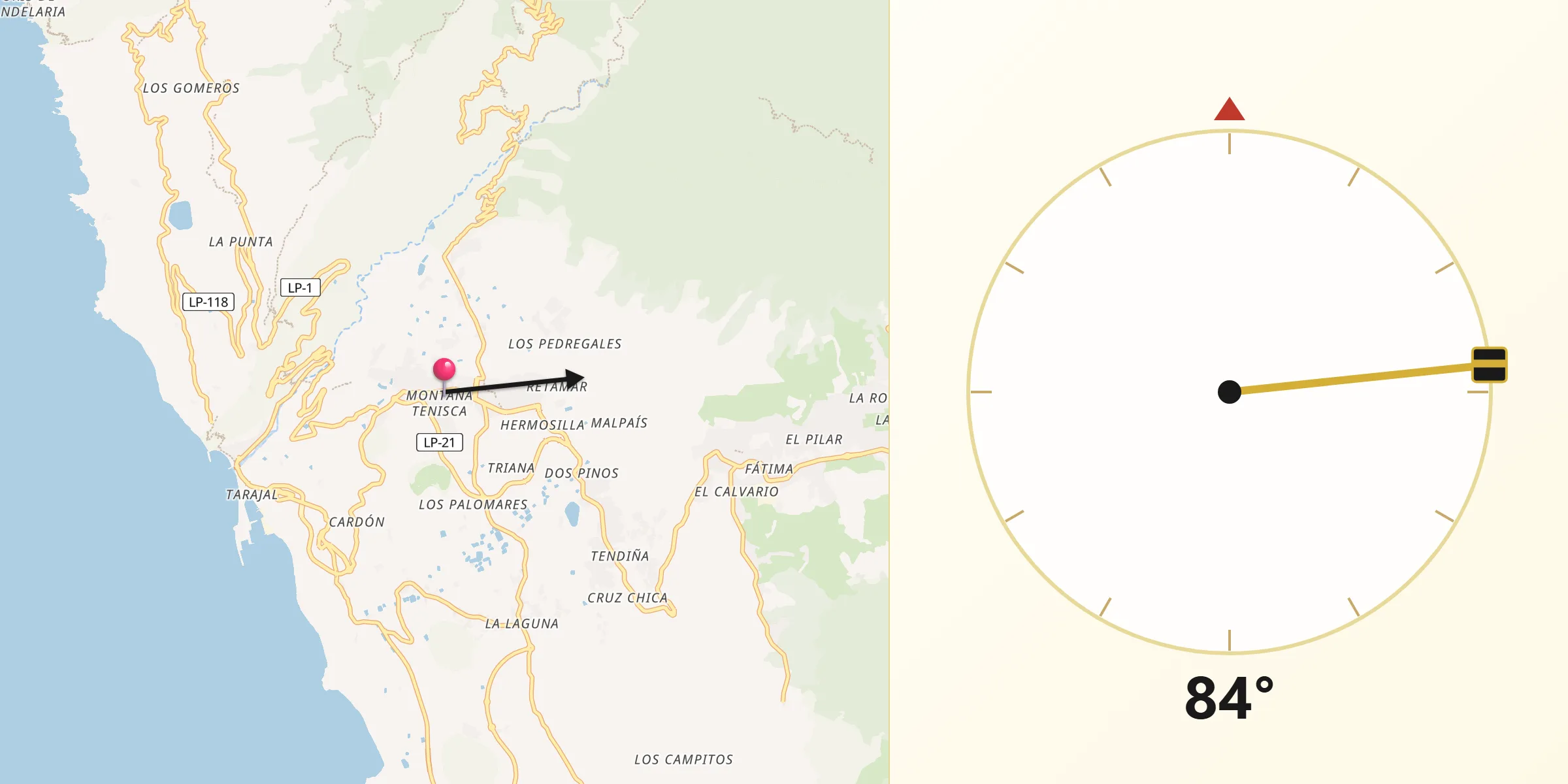 Dirección de la Qibla desde Los Llanos de Aridane