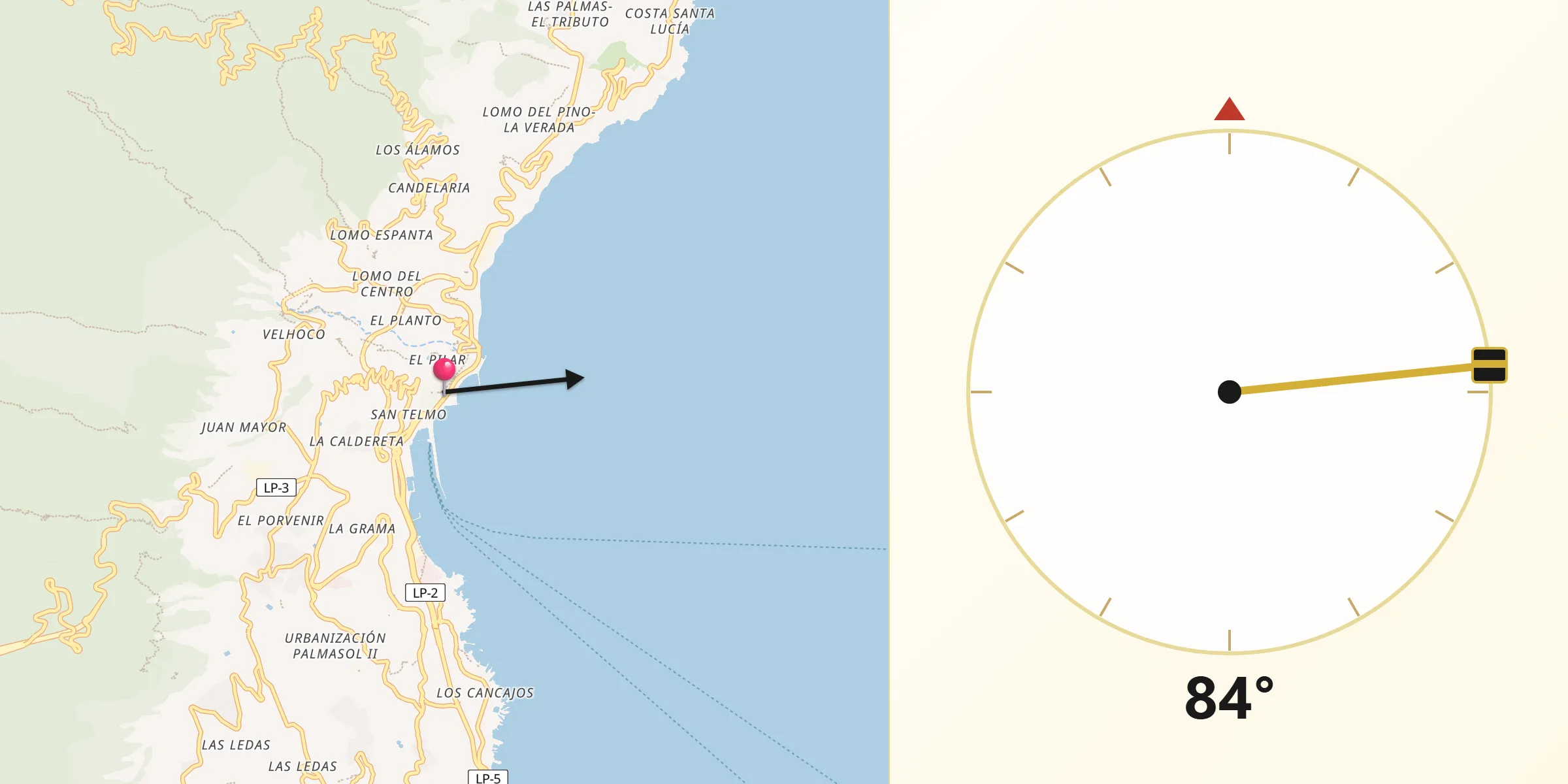 Dirección de la Qibla desde Santa Cruz de La Palma