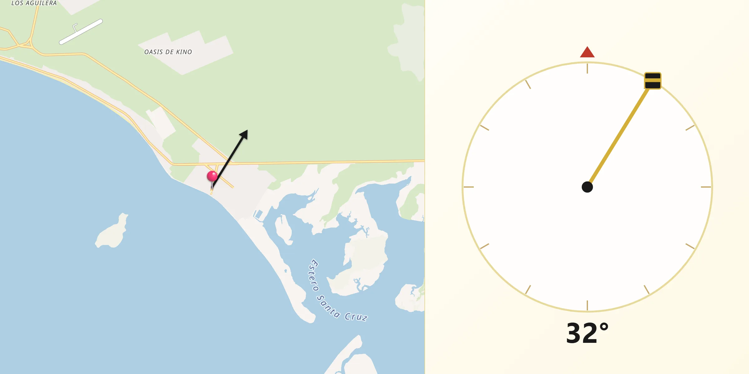 Dirección de la Qibla desde Bahía de Kino