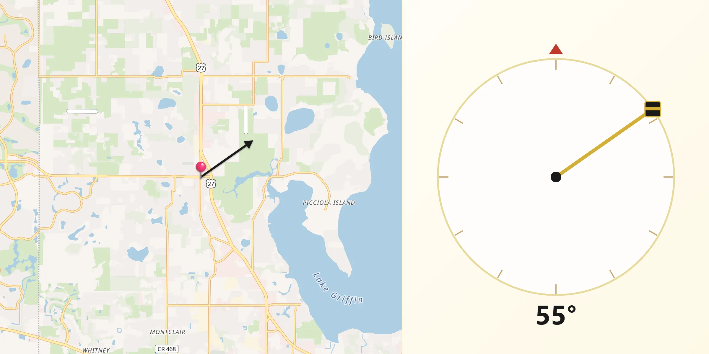 Qibla Direction from Fruitland Park