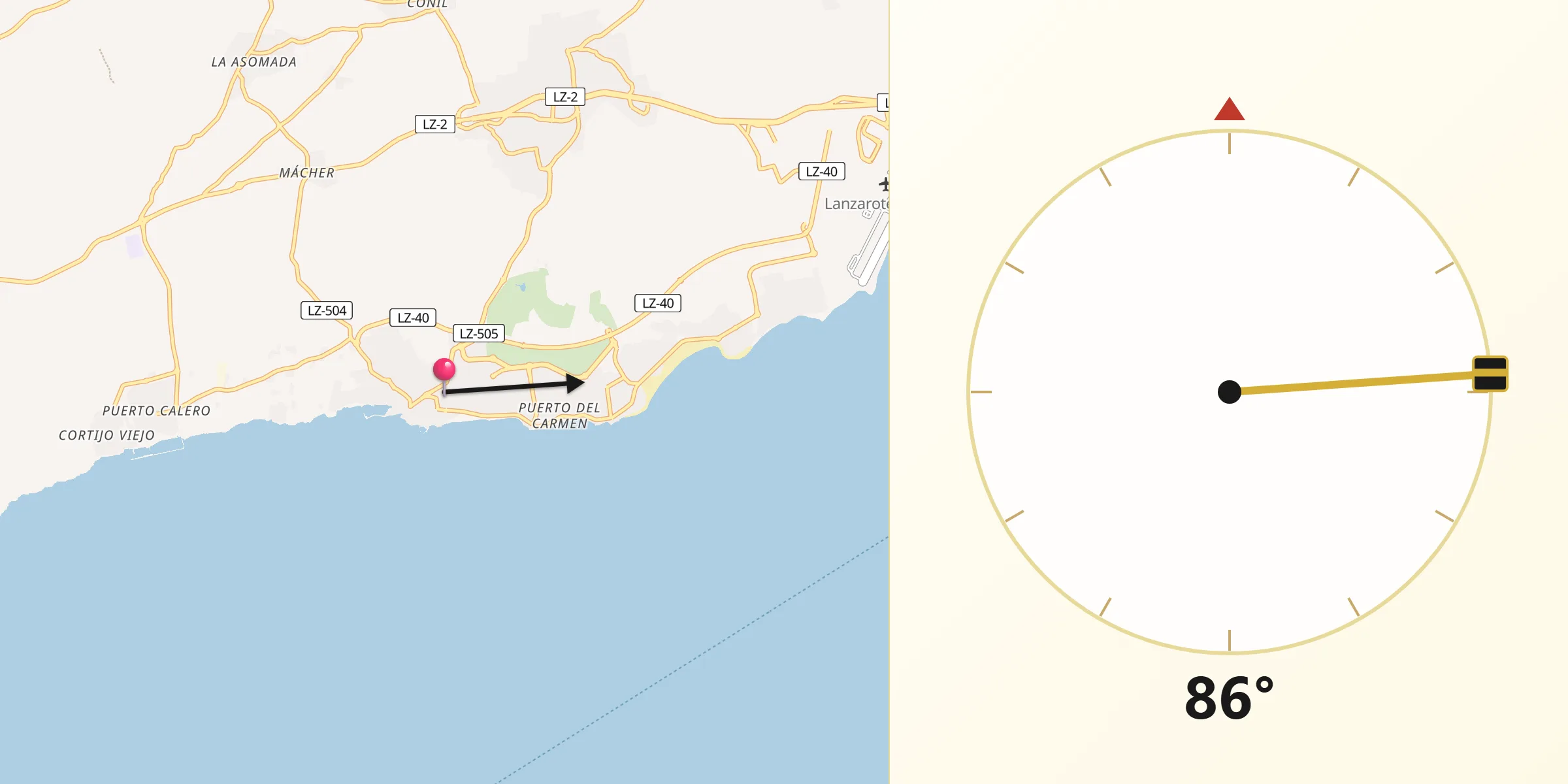 Dirección de la Qibla desde Puerto del Carmen