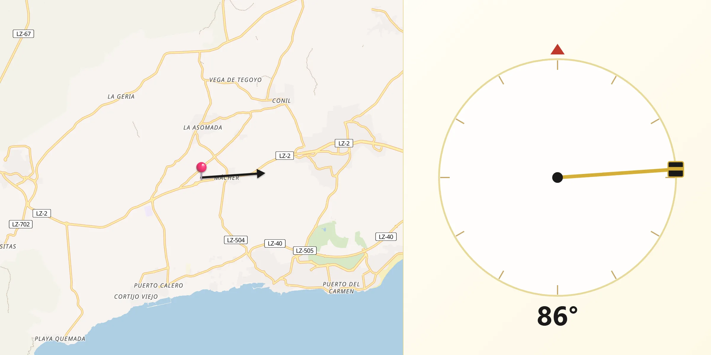 Dirección de la Qibla desde Mácher