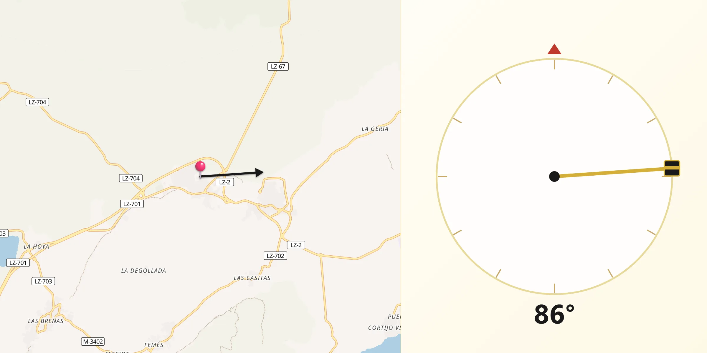 Dirección de la Qibla desde Yaiza