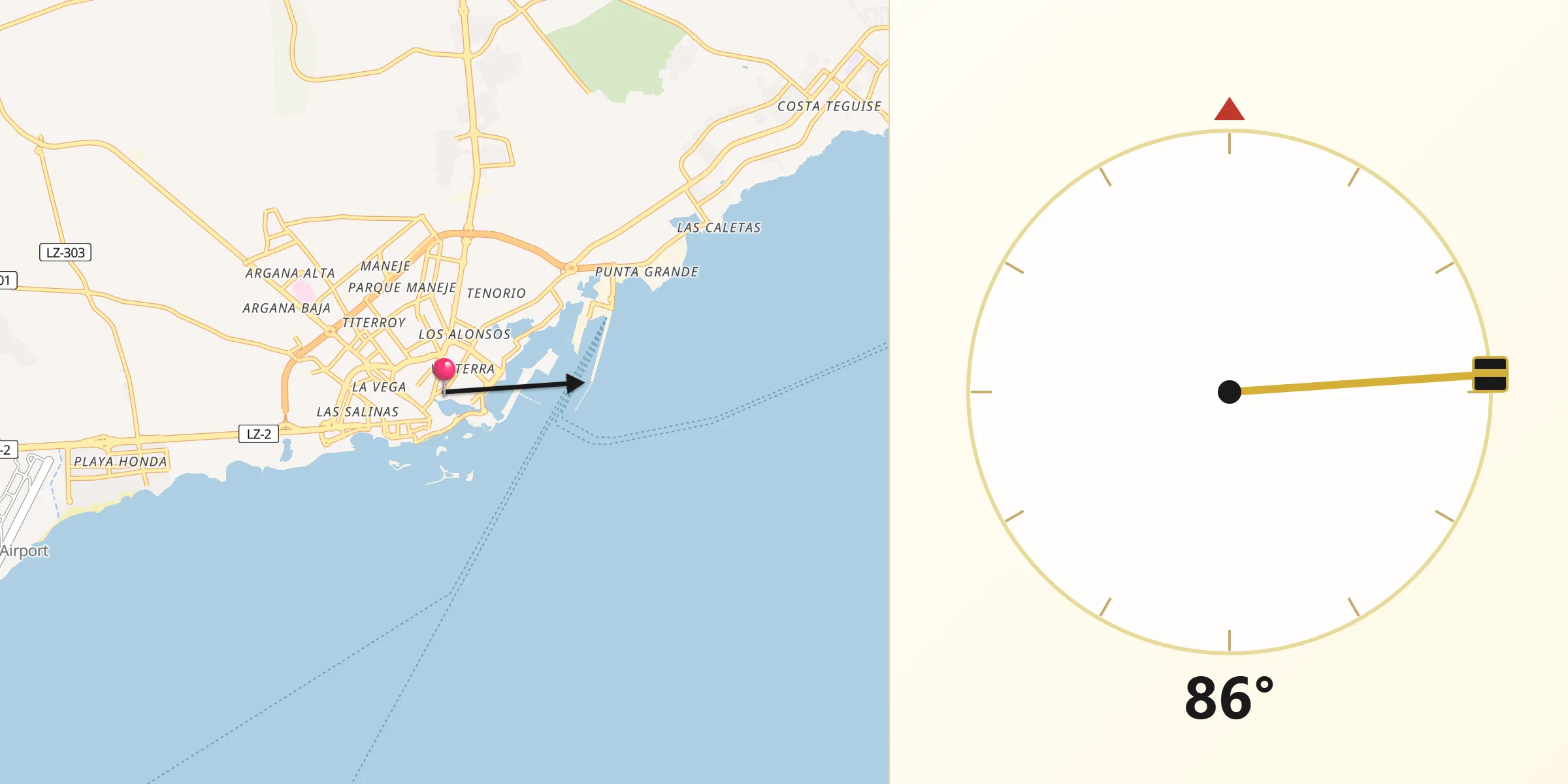 Dirección de la Qibla desde Arrecife