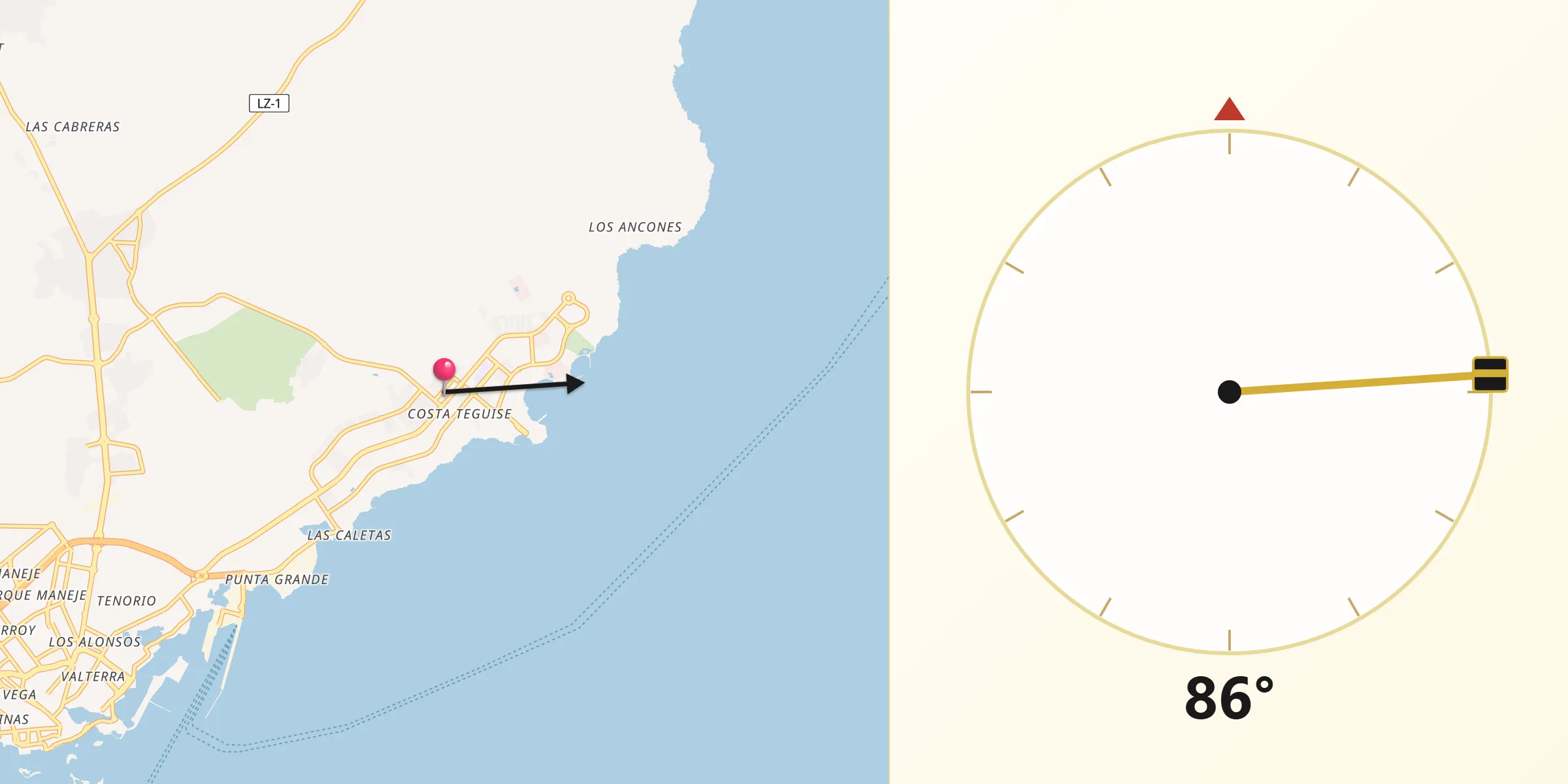 Dirección de la Qibla desde Costa Teguise