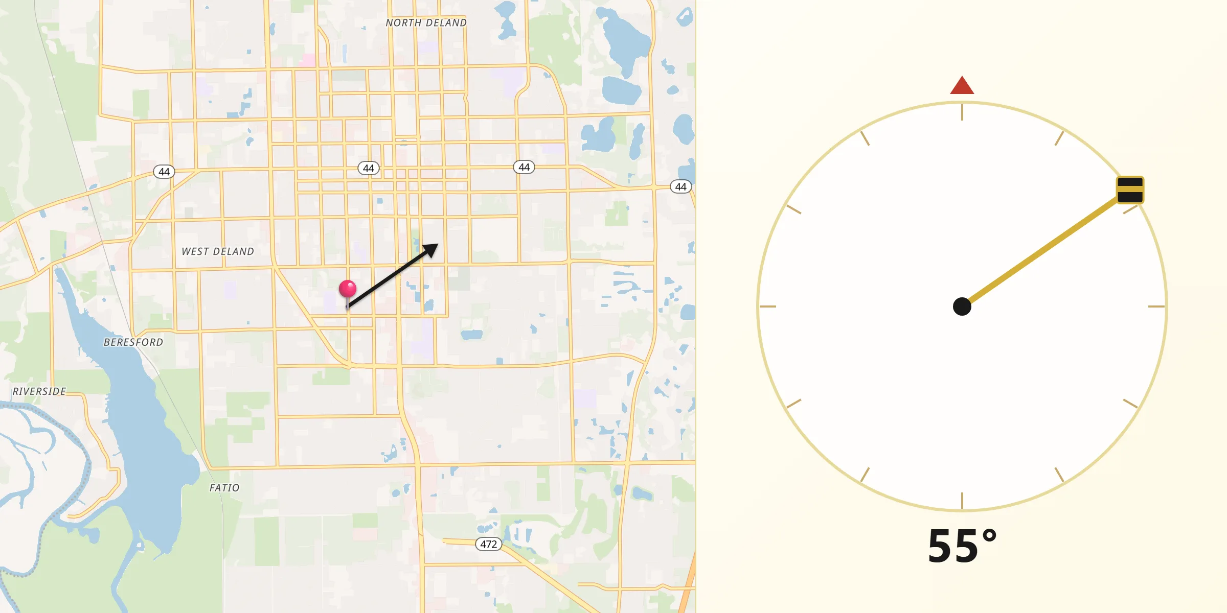 Qibla Direction from De Land Southwest