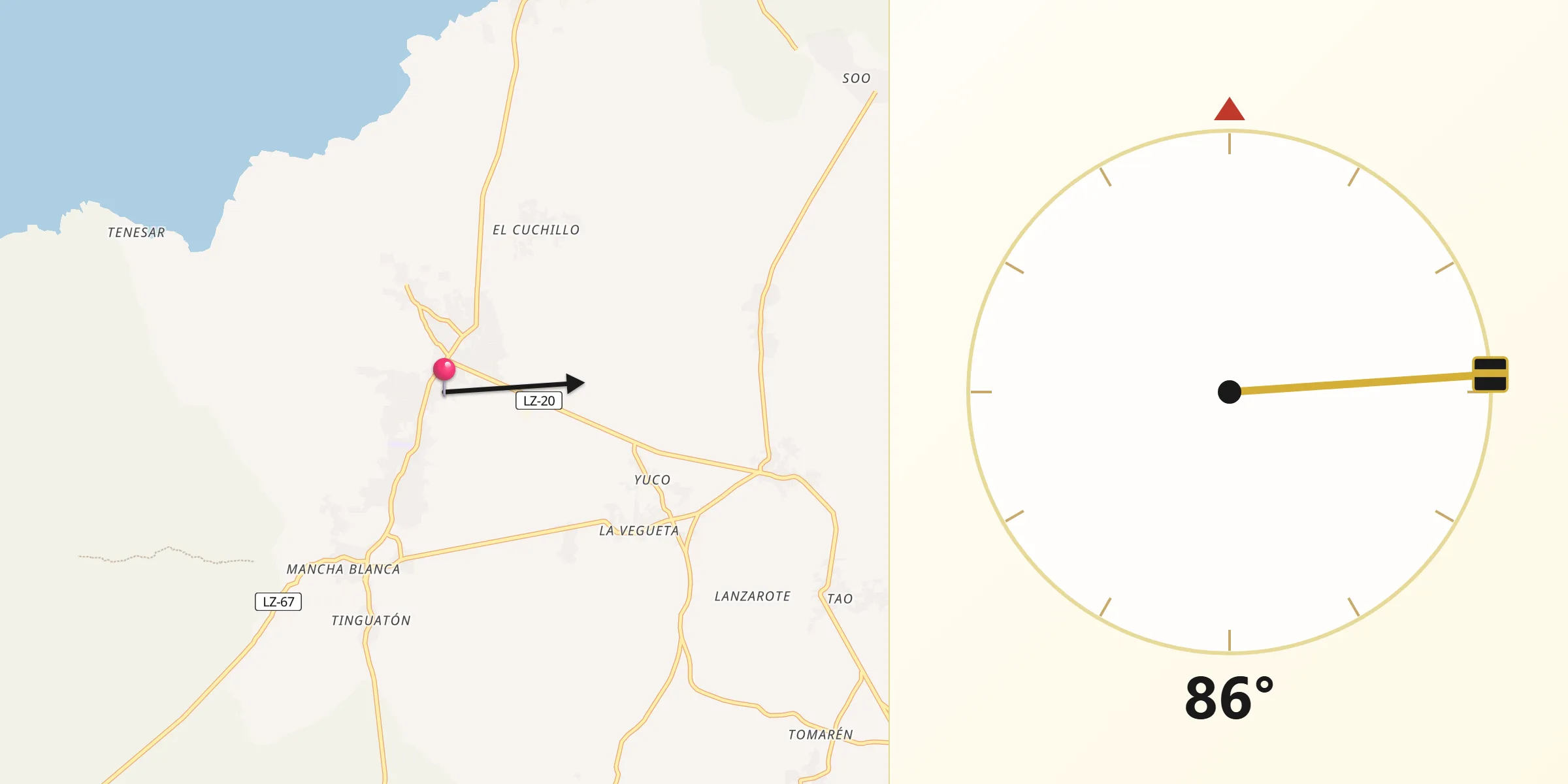 Dirección de la Qibla desde Tinajo