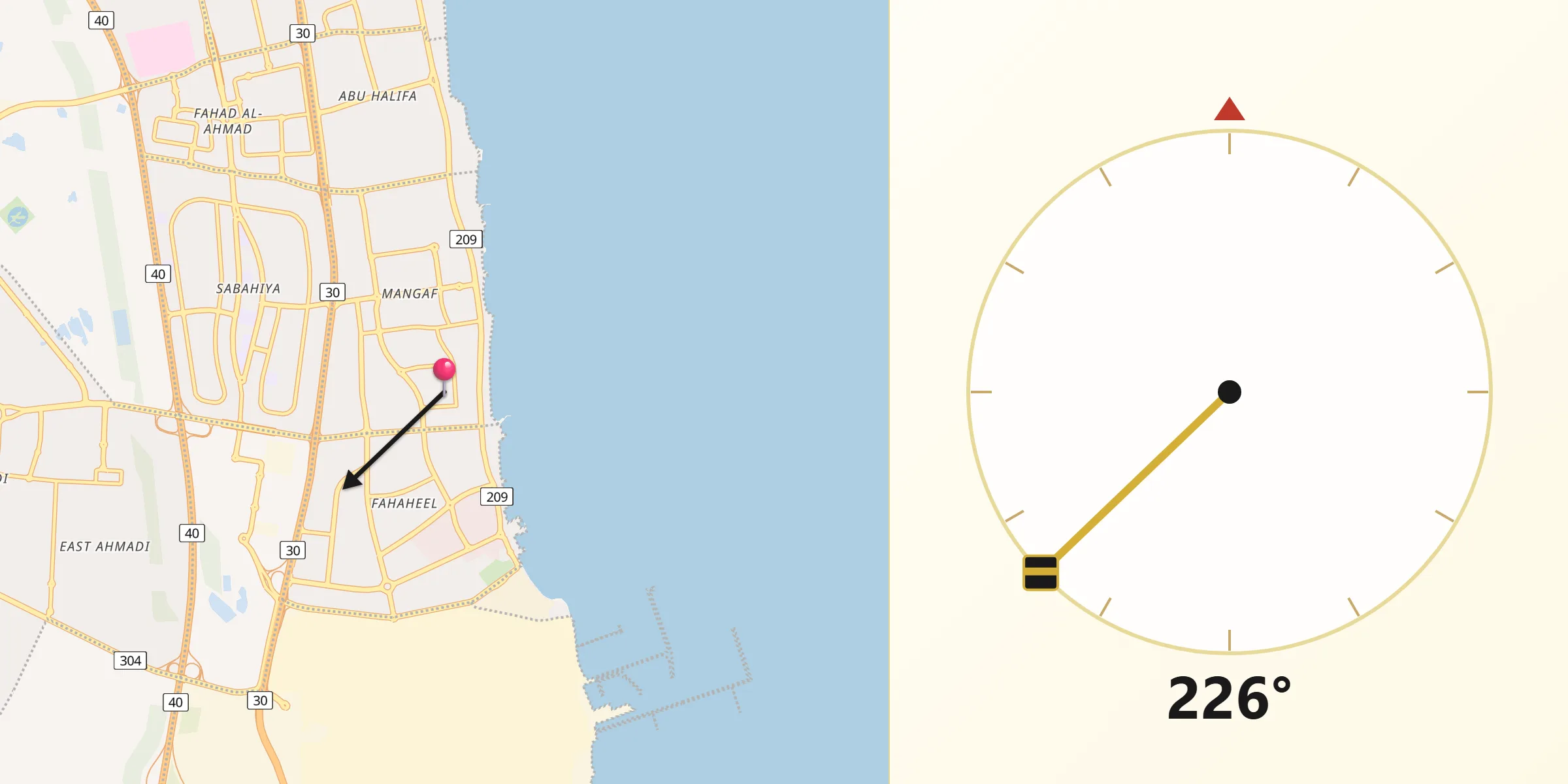 Direction vers la Qibla depuis Al Manqaf
