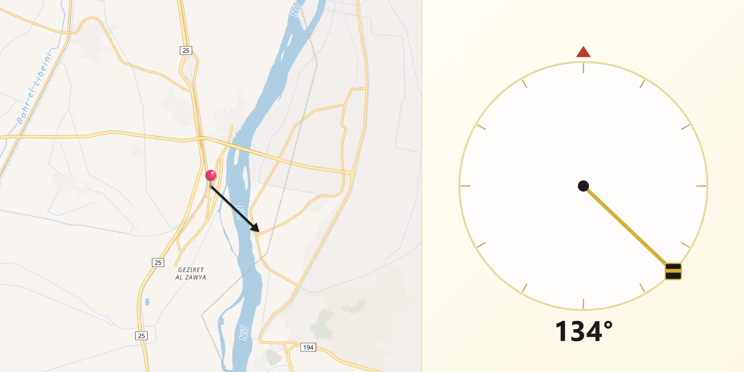 Direction vers la Qibla depuis Al Wāsiţah