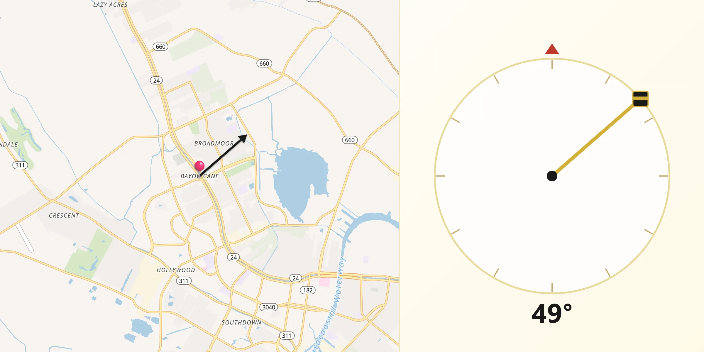 Qibla Direction from Bayou Cane