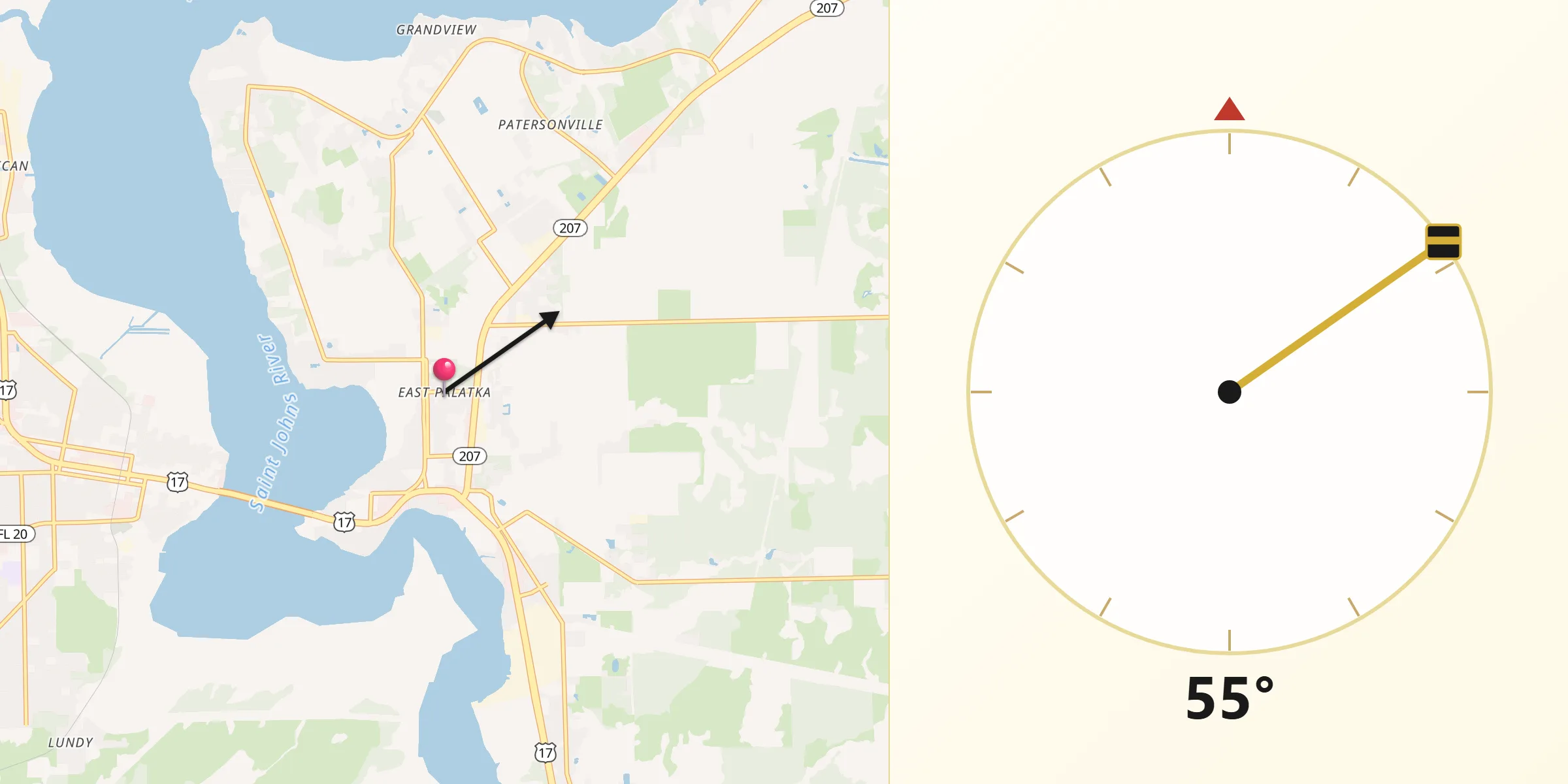 Qibla Direction from East Palatka