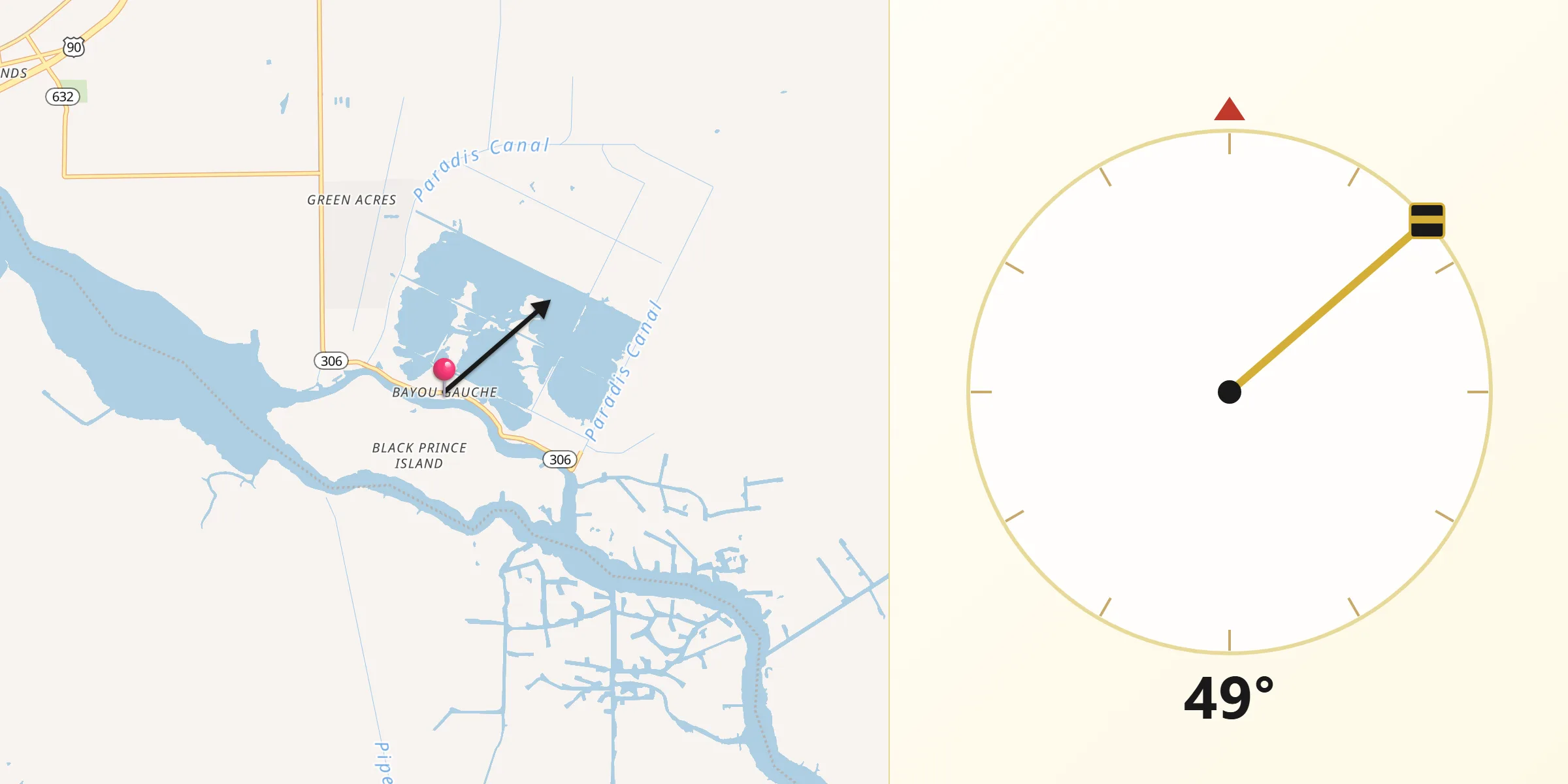 Qibla Direction from Bayou Gauche