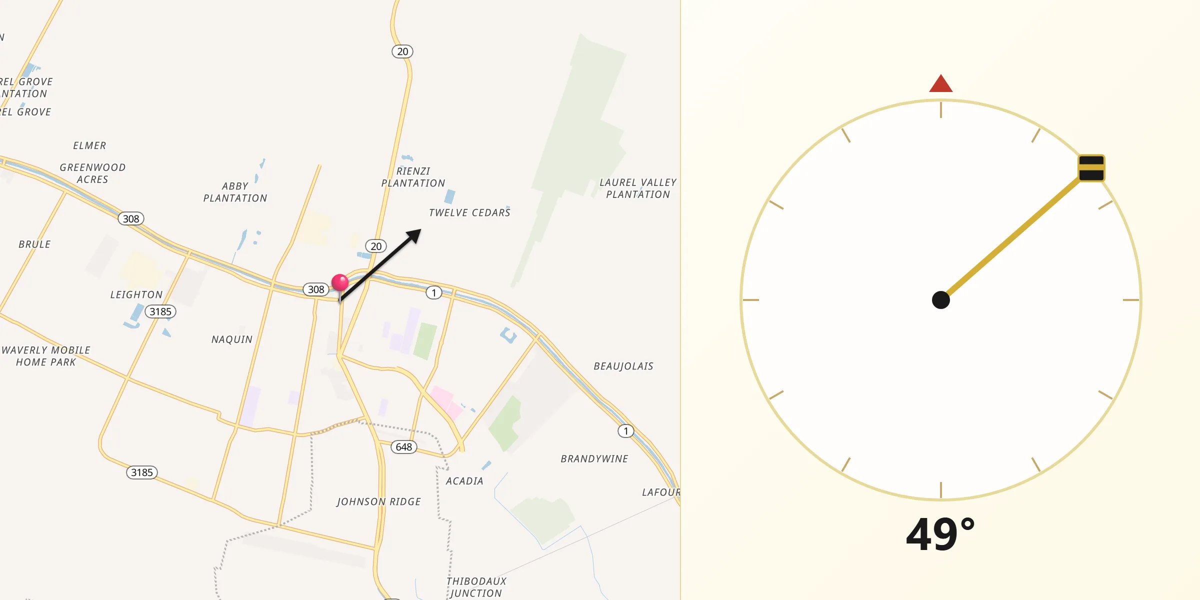 Qibla Direction from Thibodaux