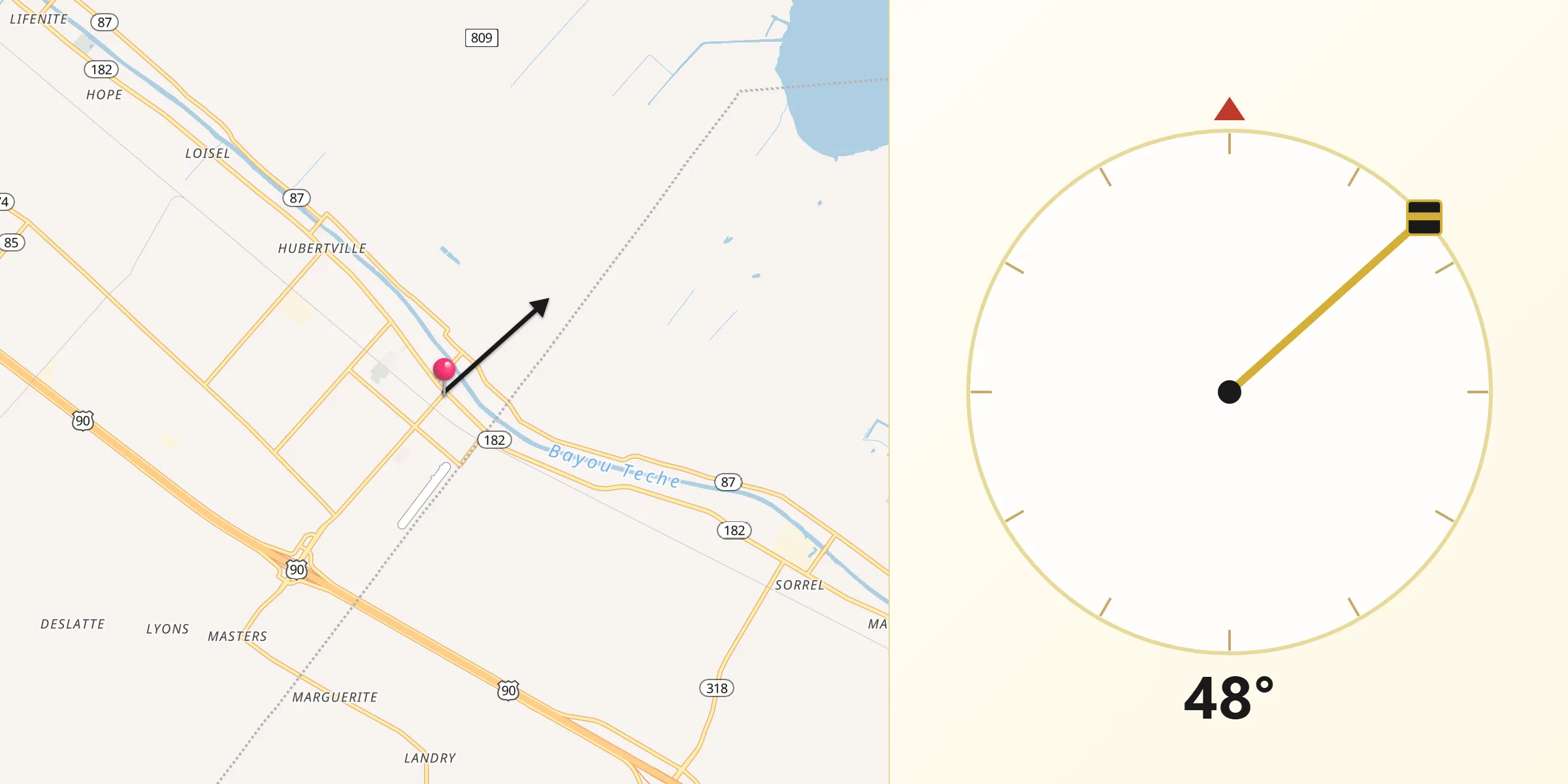 Qibla Direction from Jeanerette