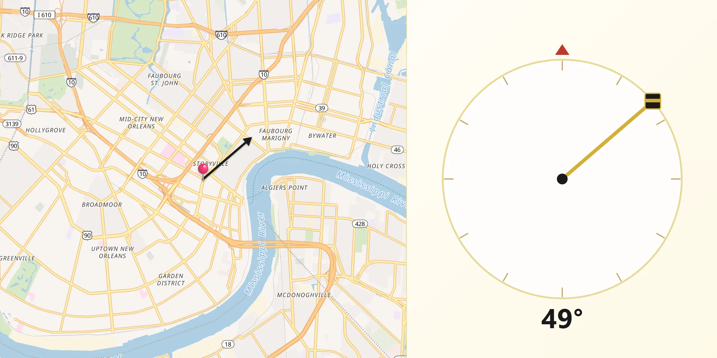 Direzione della Qibla da New Orleans