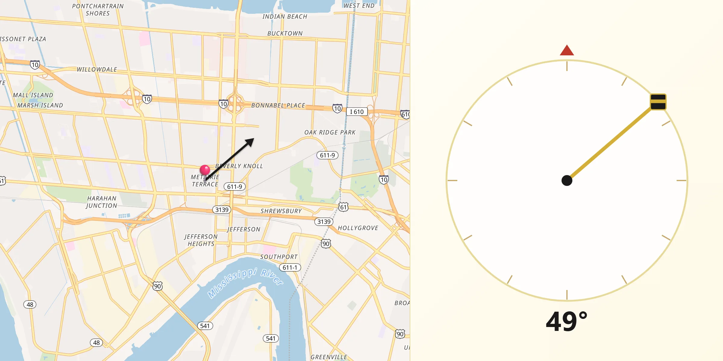 Qibla Direction from Metairie Terrace