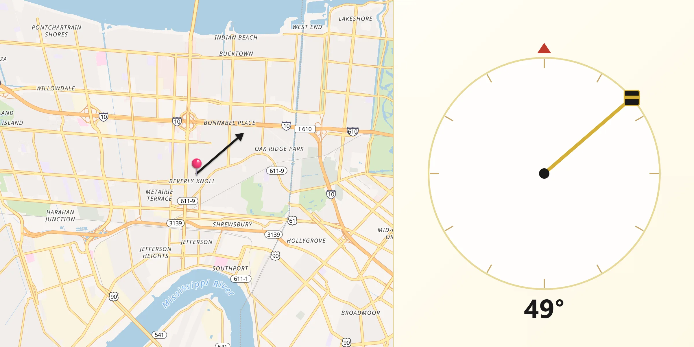 Qibla Direction from Metairie