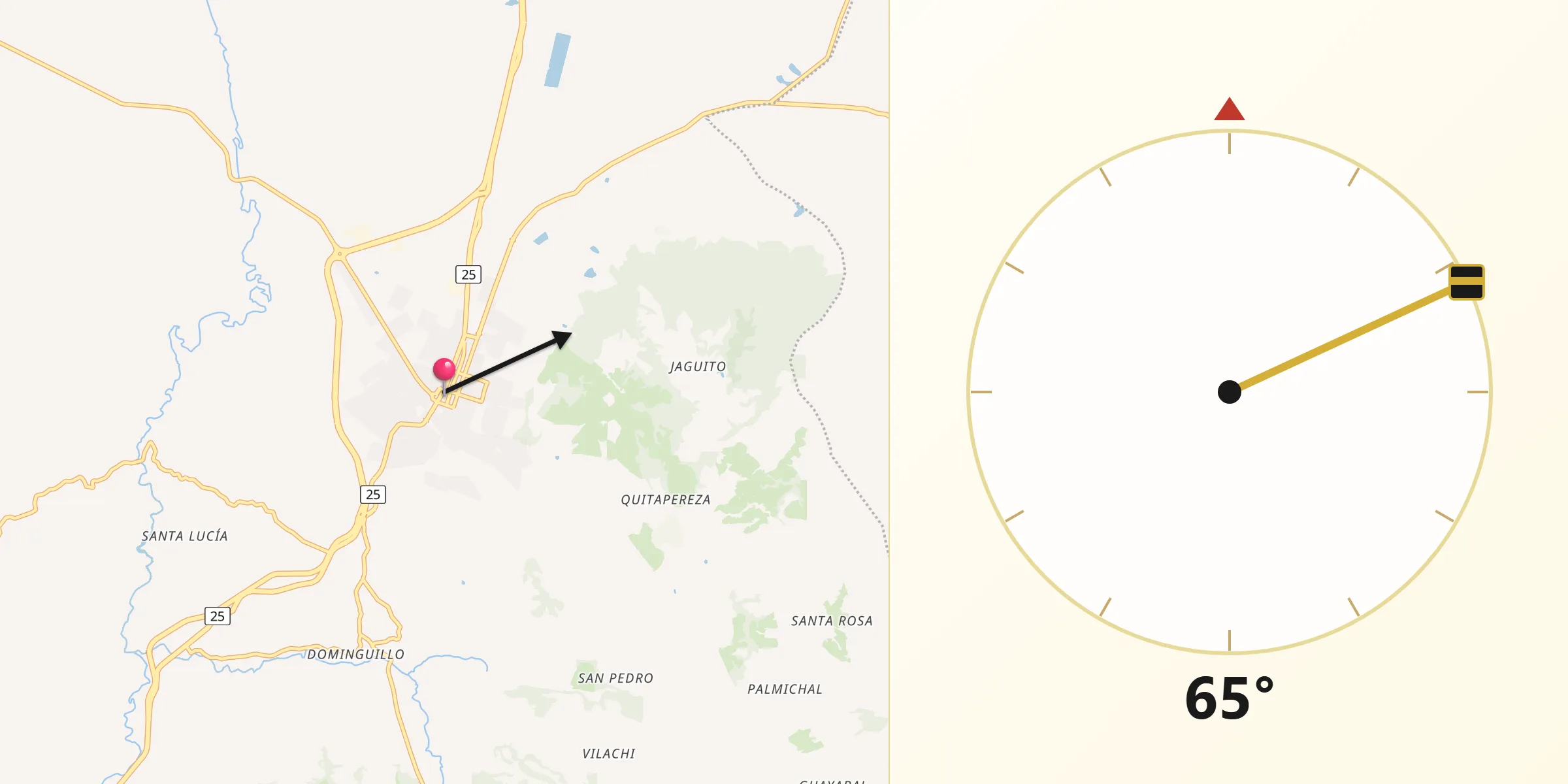 Dirección de la Qibla desde Santander de Quilichao