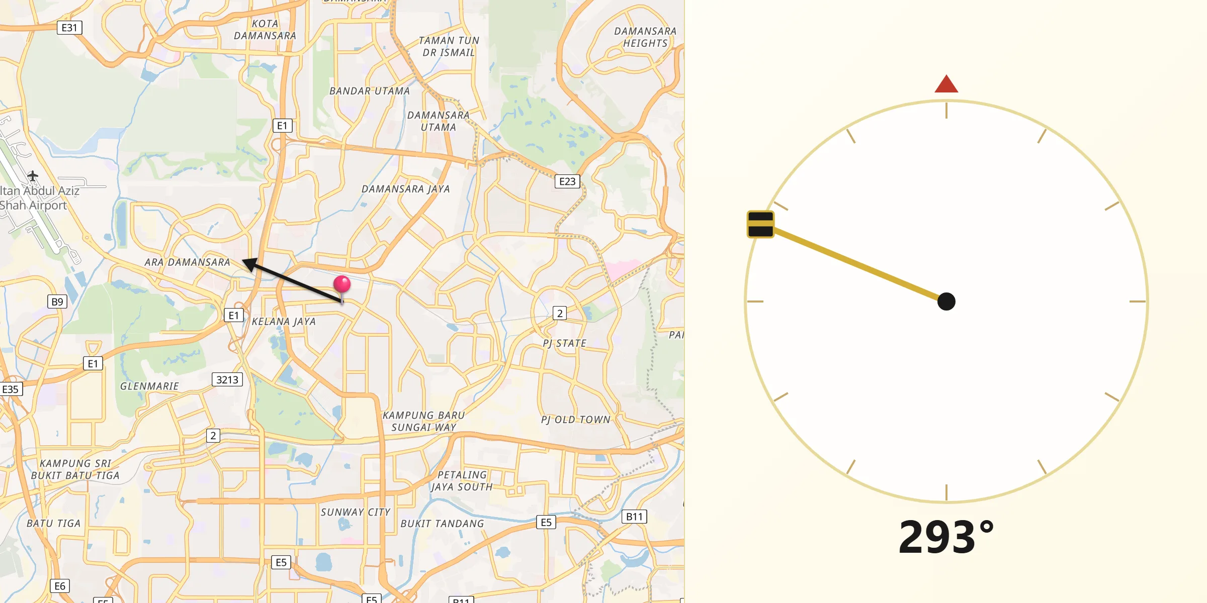Qibla-Richtung von Petaling Jaya