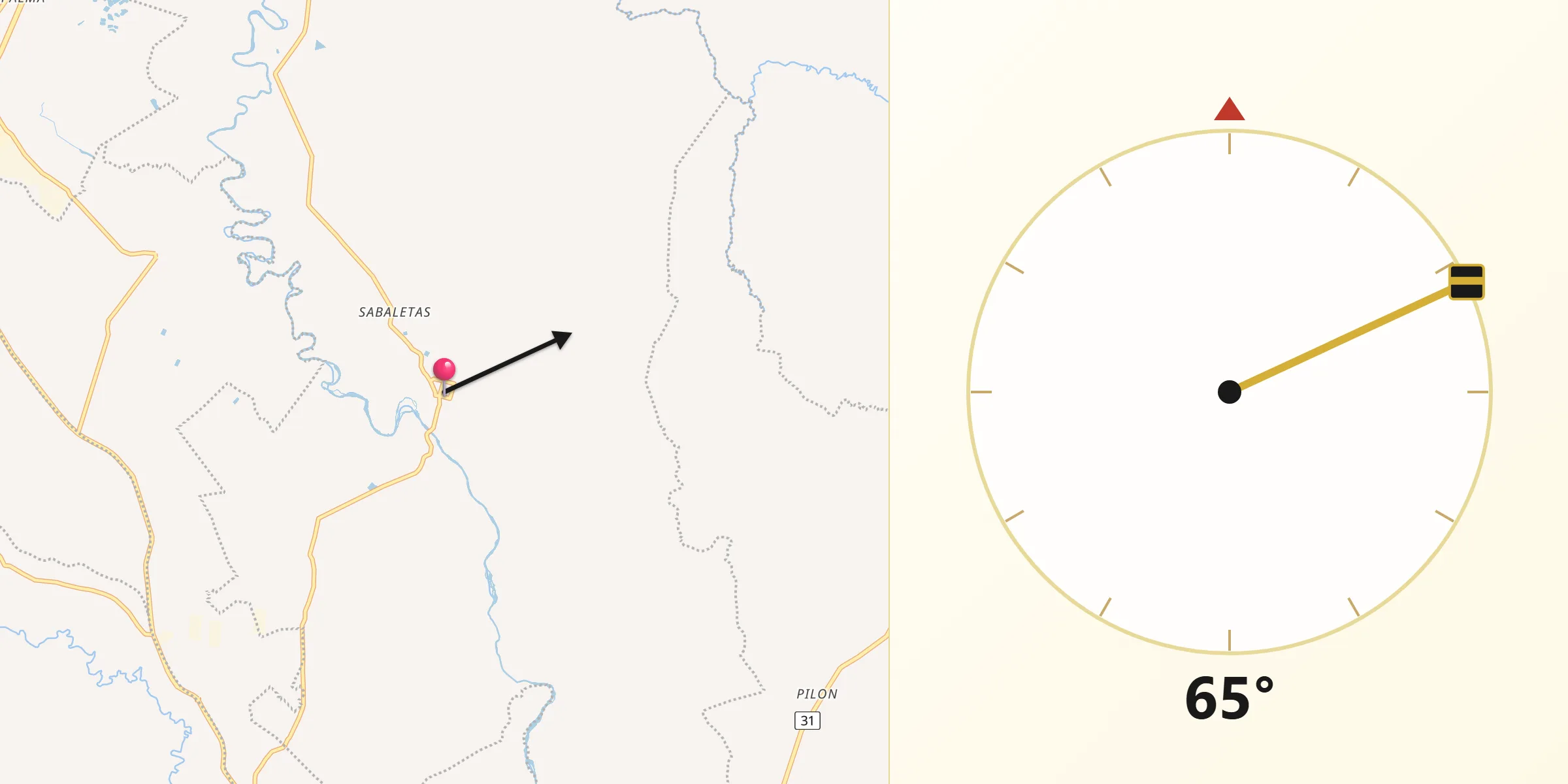 Dirección de la Qibla desde Guachené