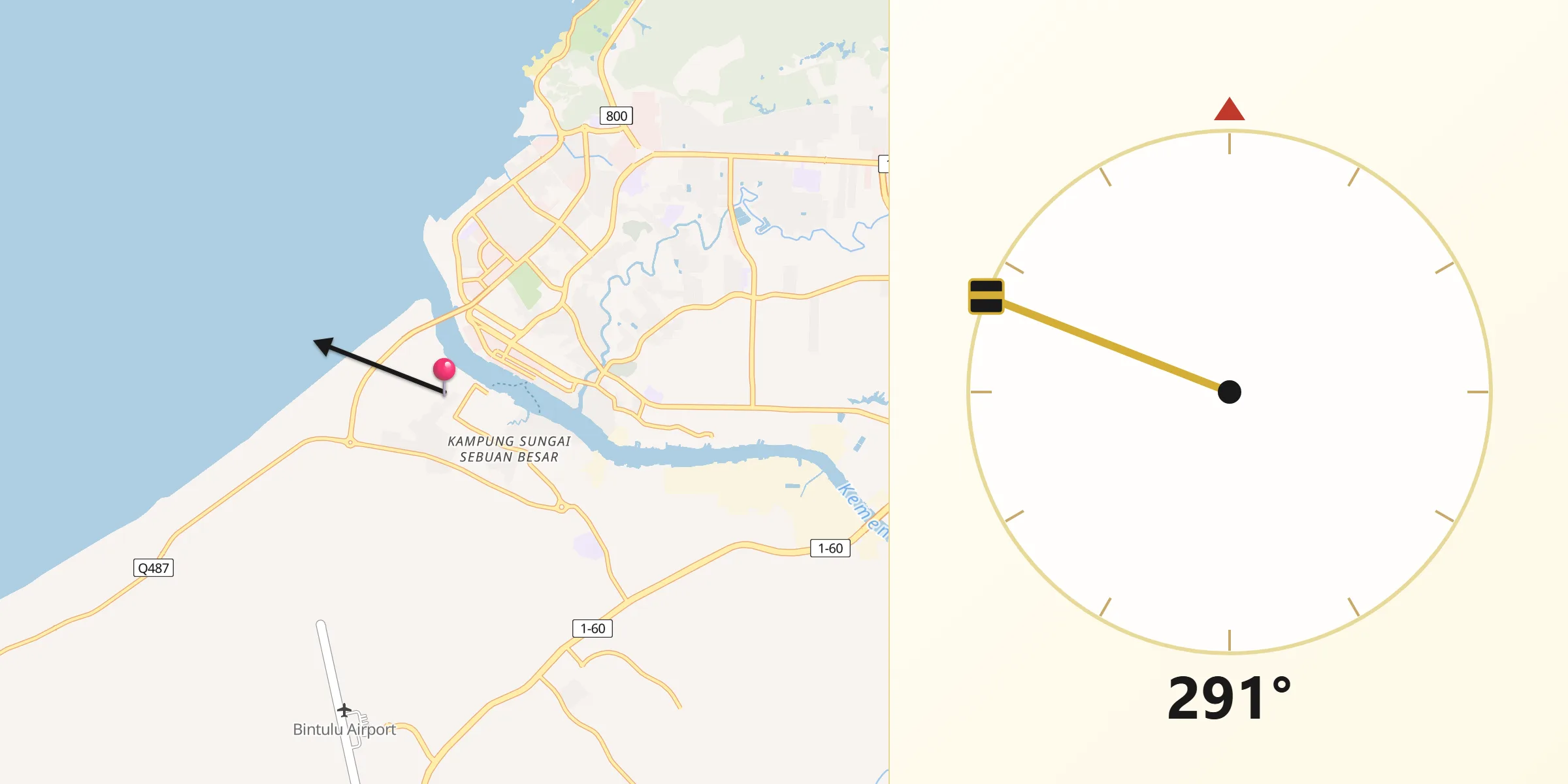 Direction vers la Qibla depuis Bintulu