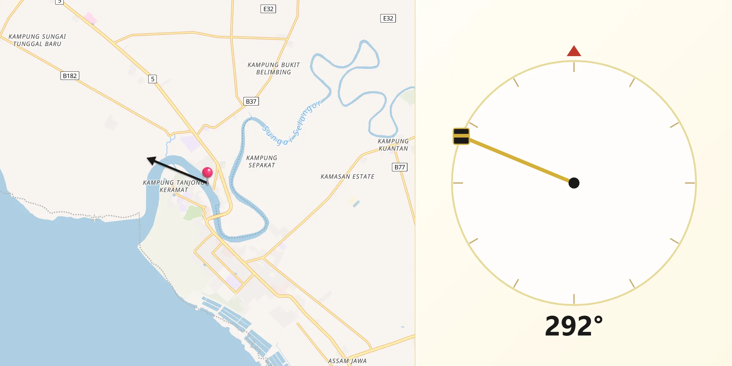 Direction vers la Qibla depuis Kuala Selangor