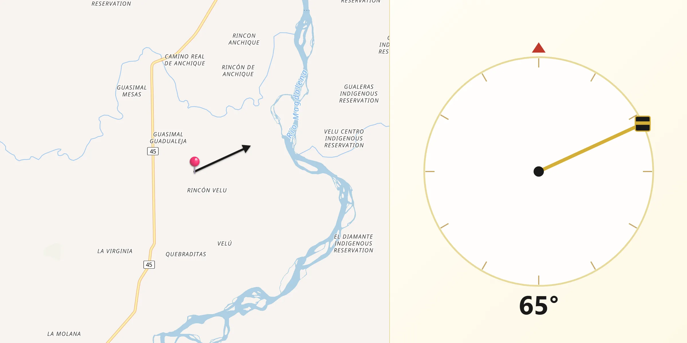 Dirección de la Qibla desde Natagaima