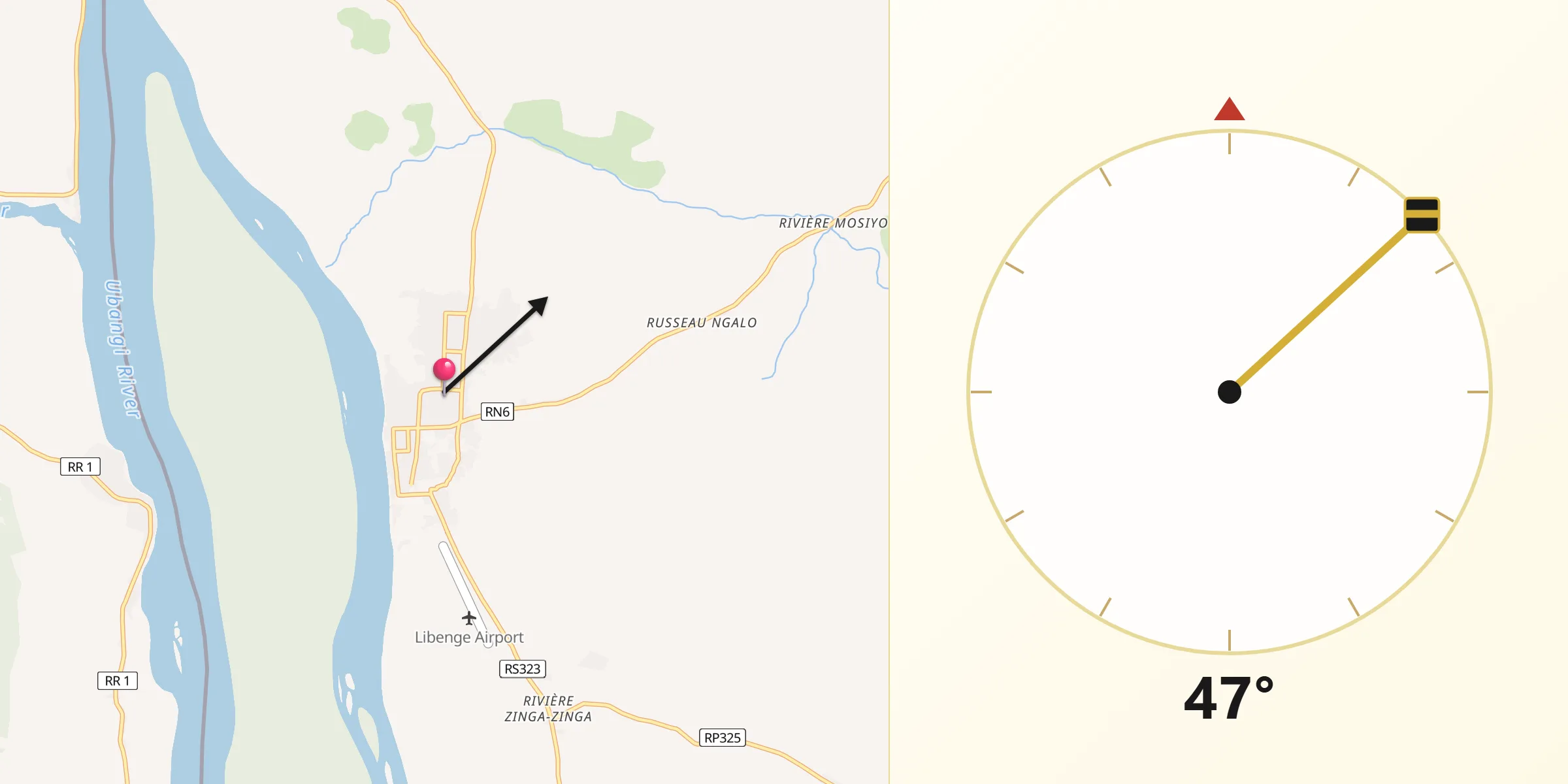 Direction vers la Qibla depuis Libenge