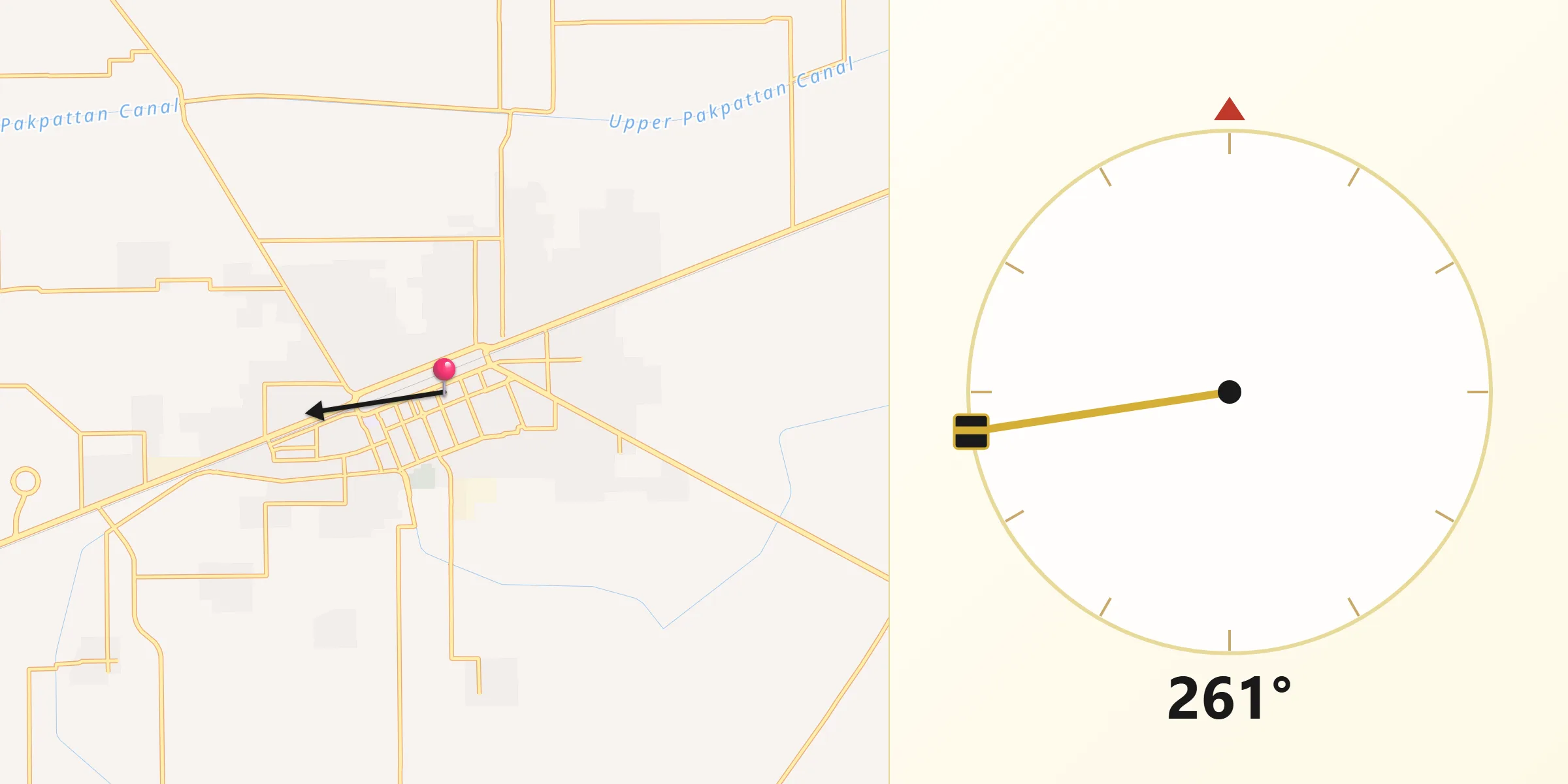 Direction vers la Qibla depuis Vihari