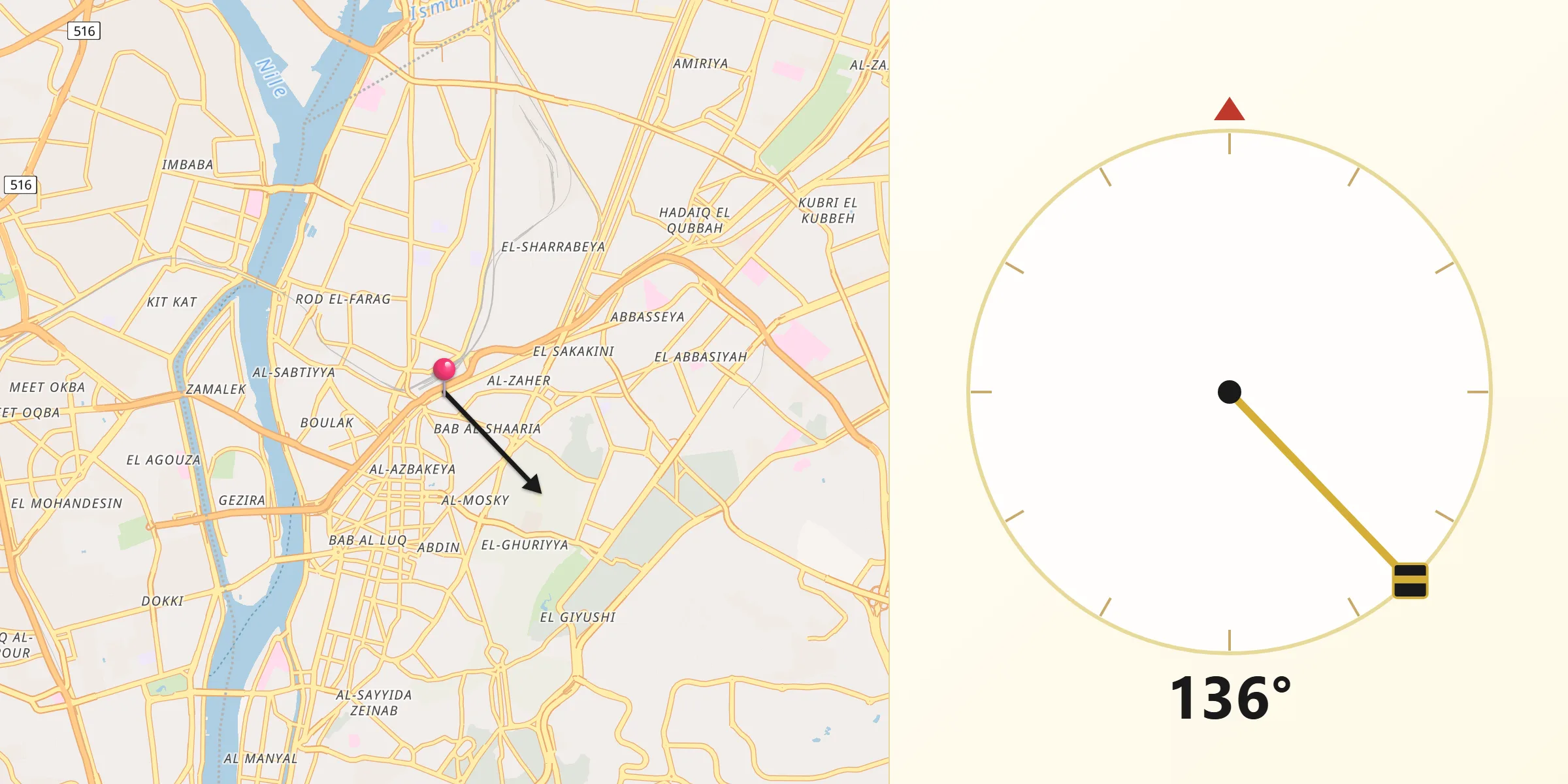 Dirección de la Qibla desde El Cairo