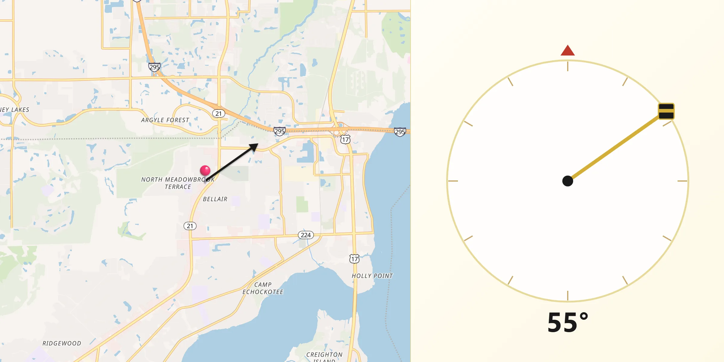 Qibla Direction from Bellair-Meadowbrook Terrace