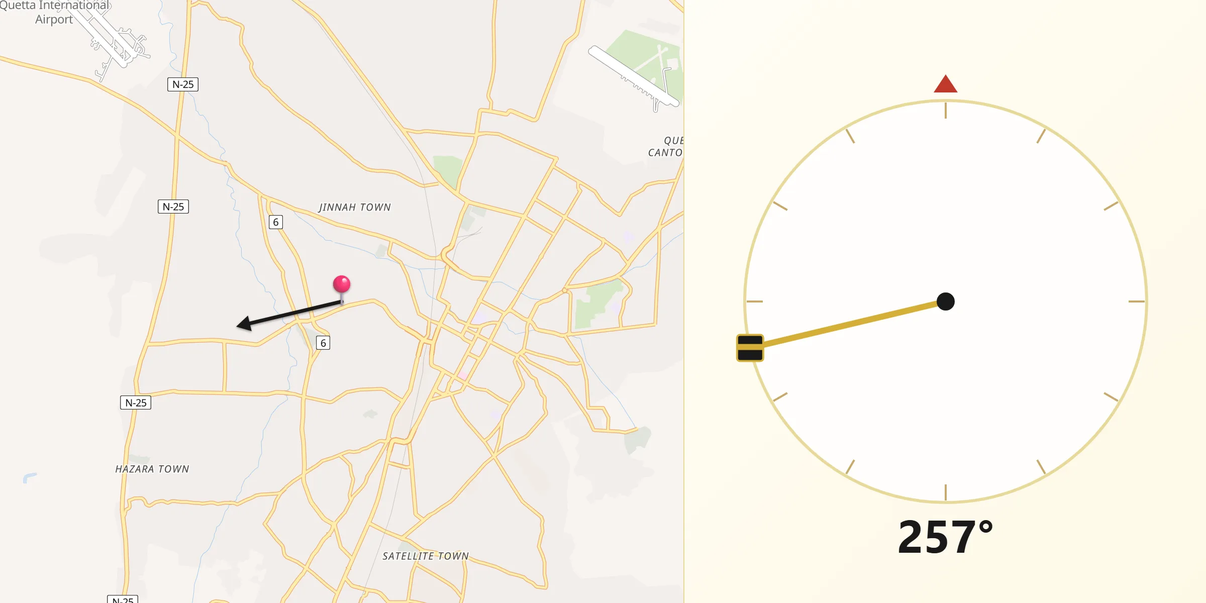 Direction vers la Qibla depuis Kot Malik Barkhurdar