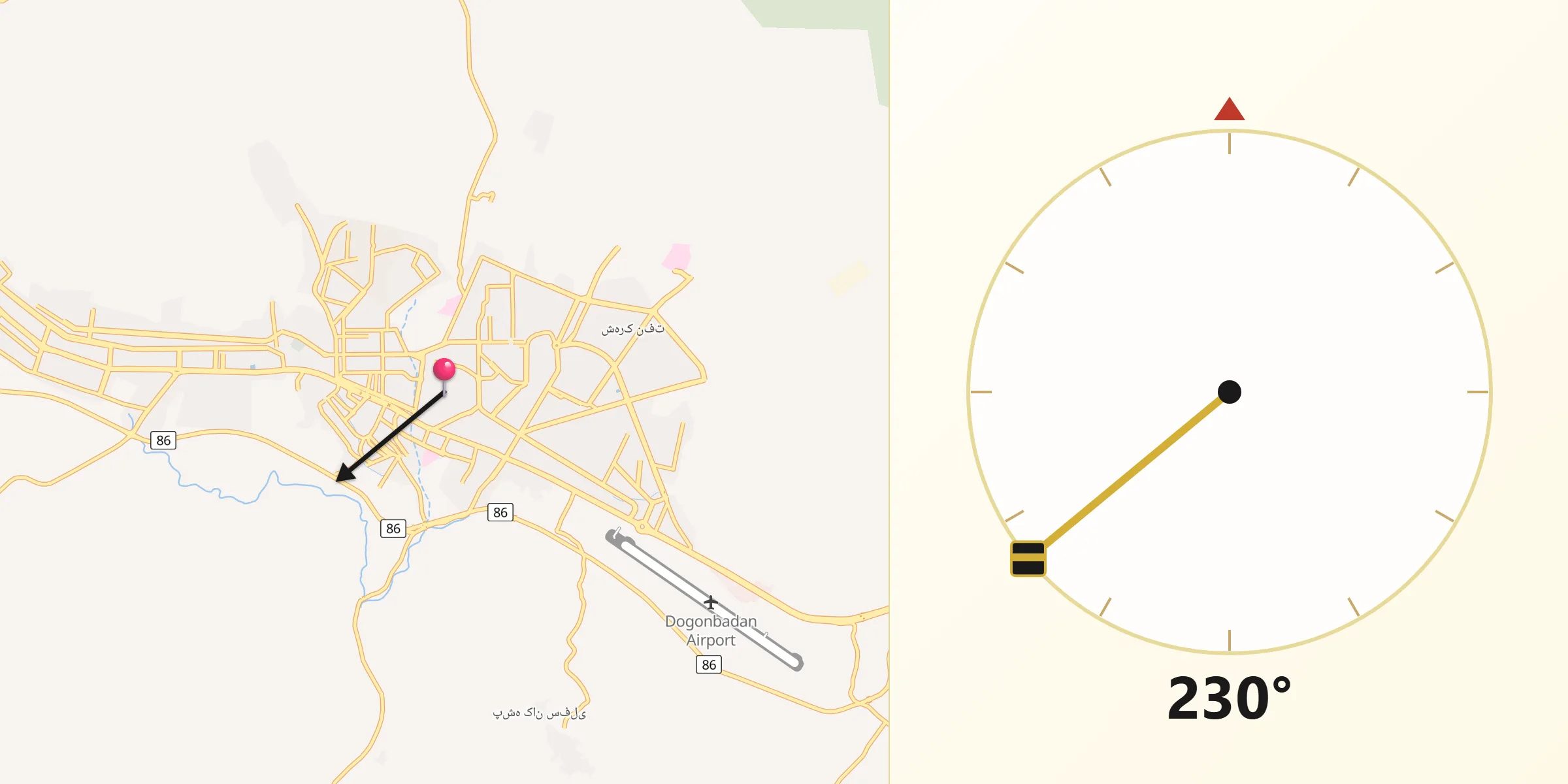 Direction vers la Qibla depuis Dogonbadan