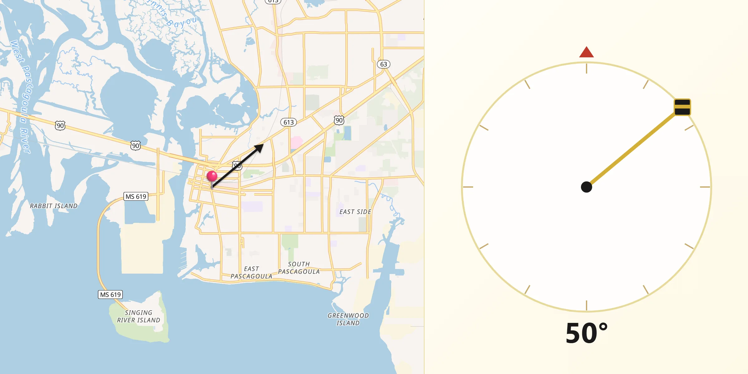Qibla Direction from Pascagoula