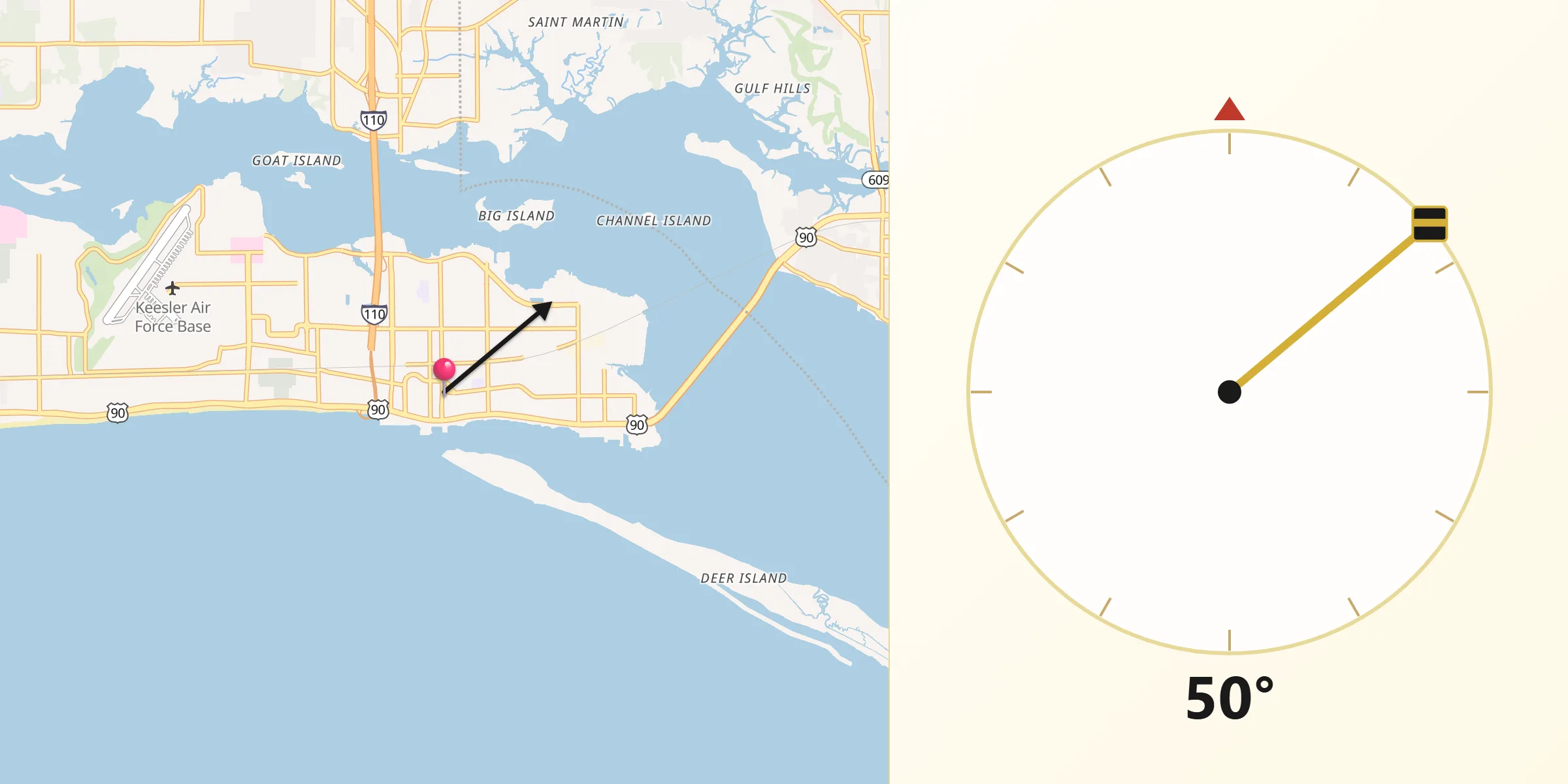 Qibla Direction from Biloxi