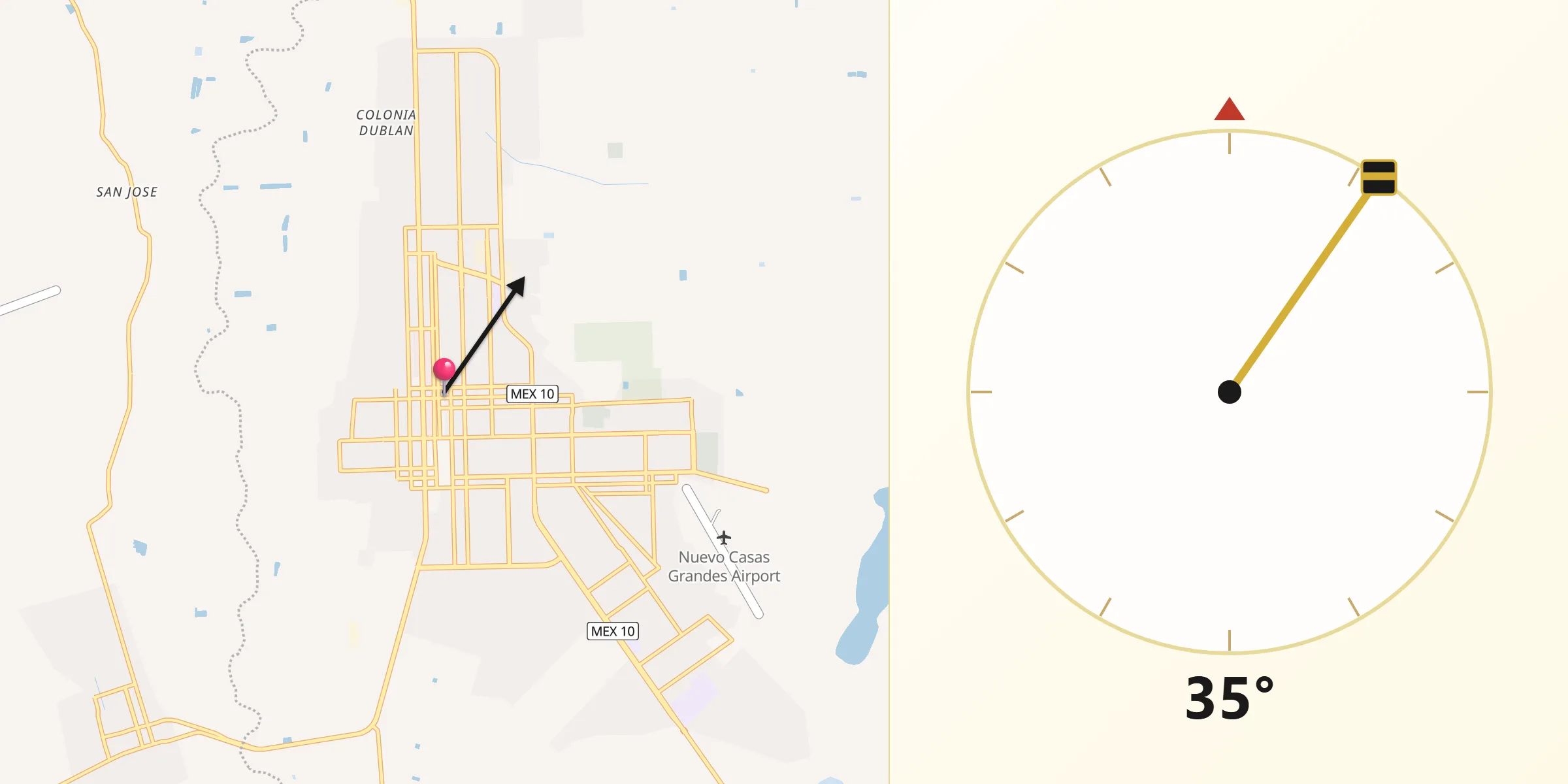 Dirección de la Qibla desde Nuevo Casas Grandes