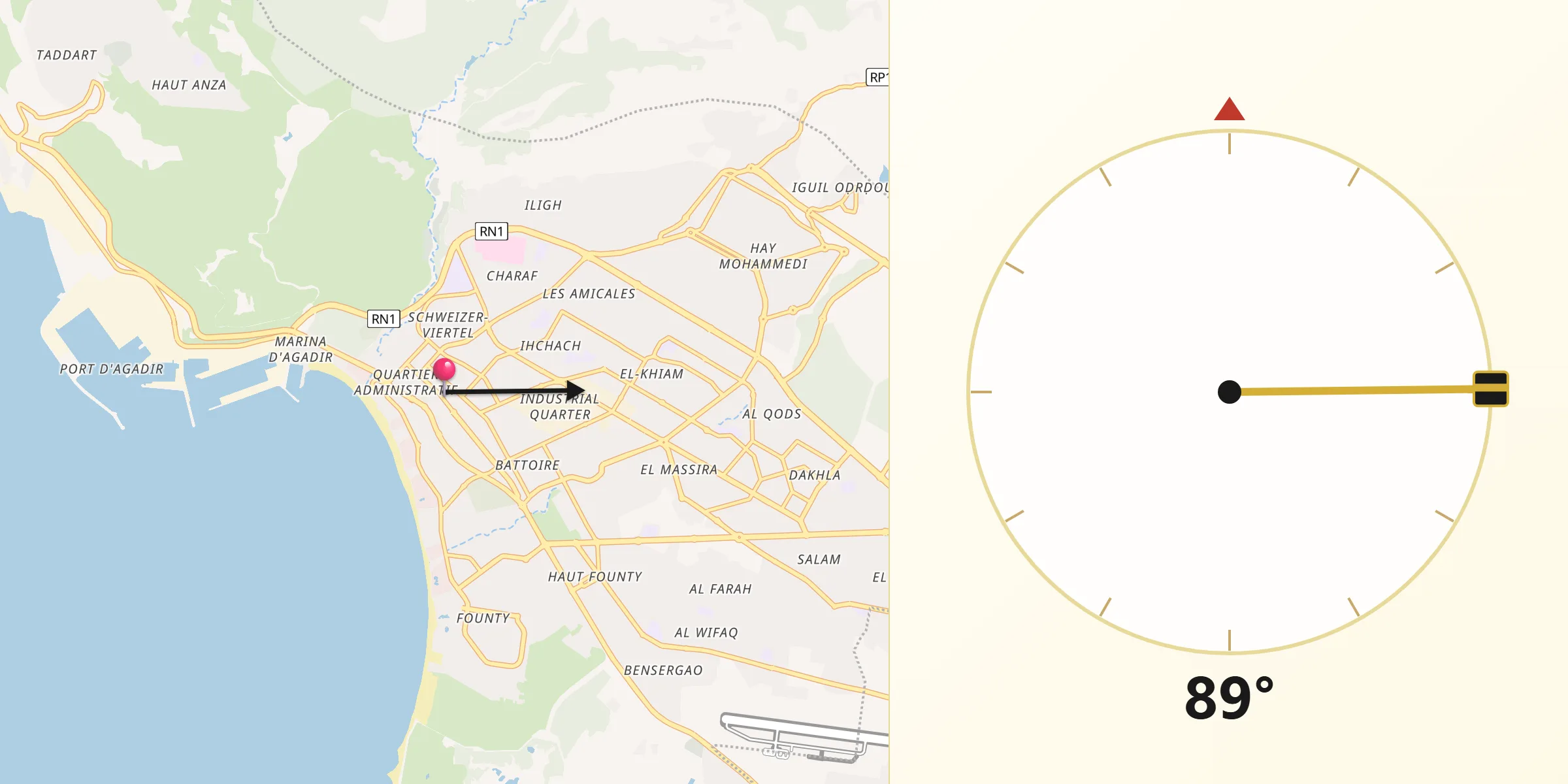 Dirección de la Qibla desde Agadir