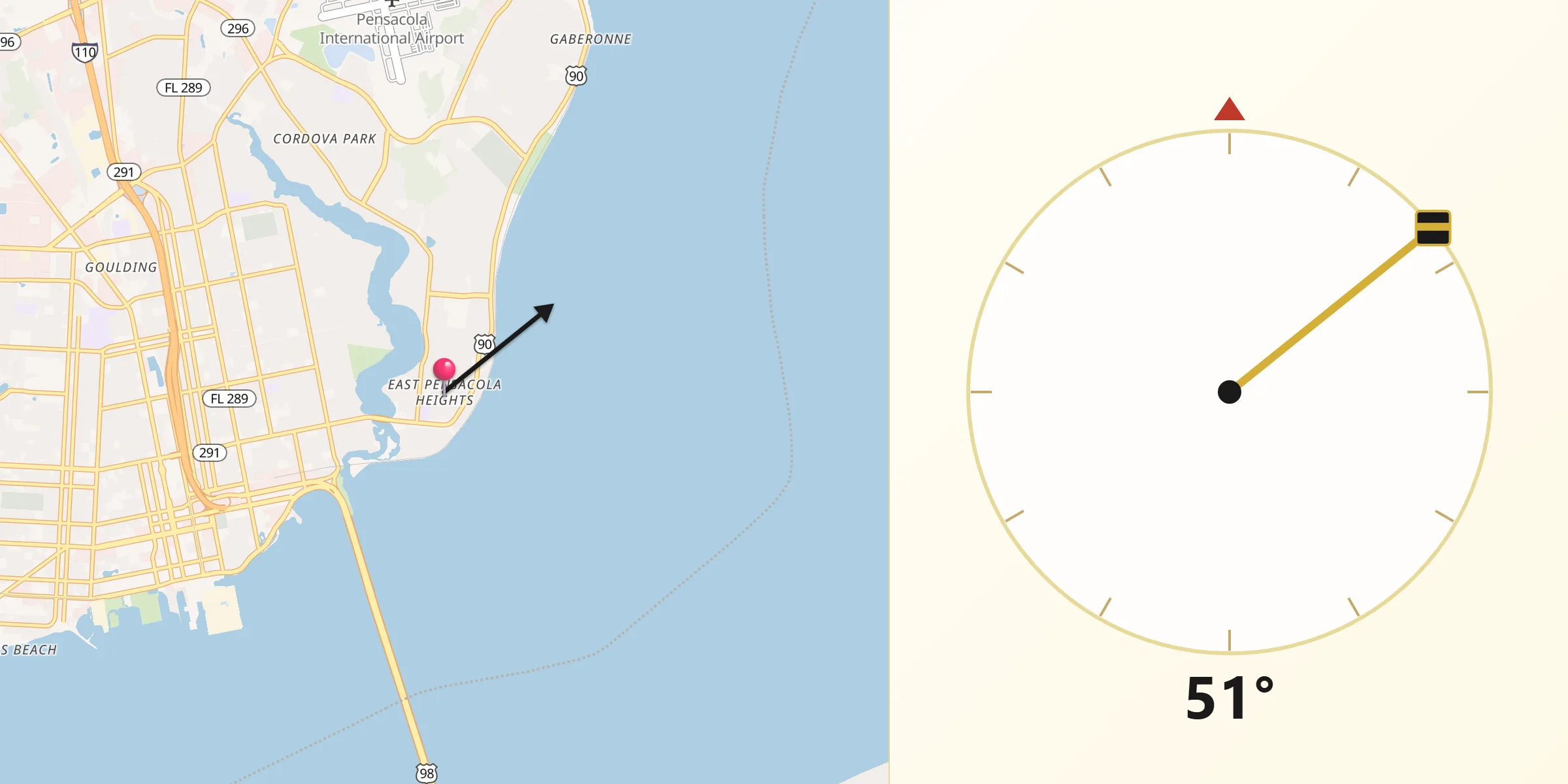 Qibla Direction from East Pensacola Heights