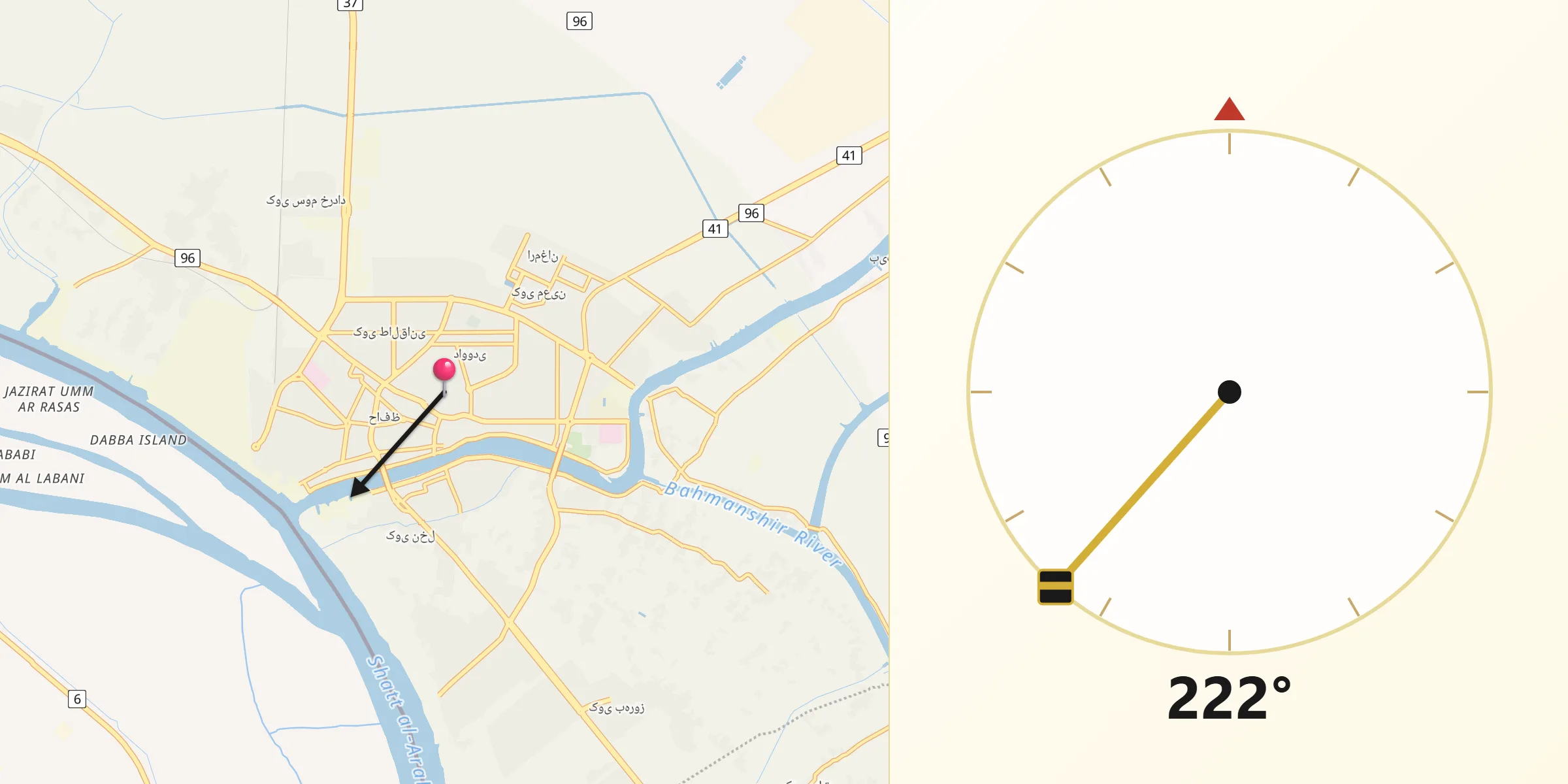 Direction vers la Qibla depuis Khorramshahr