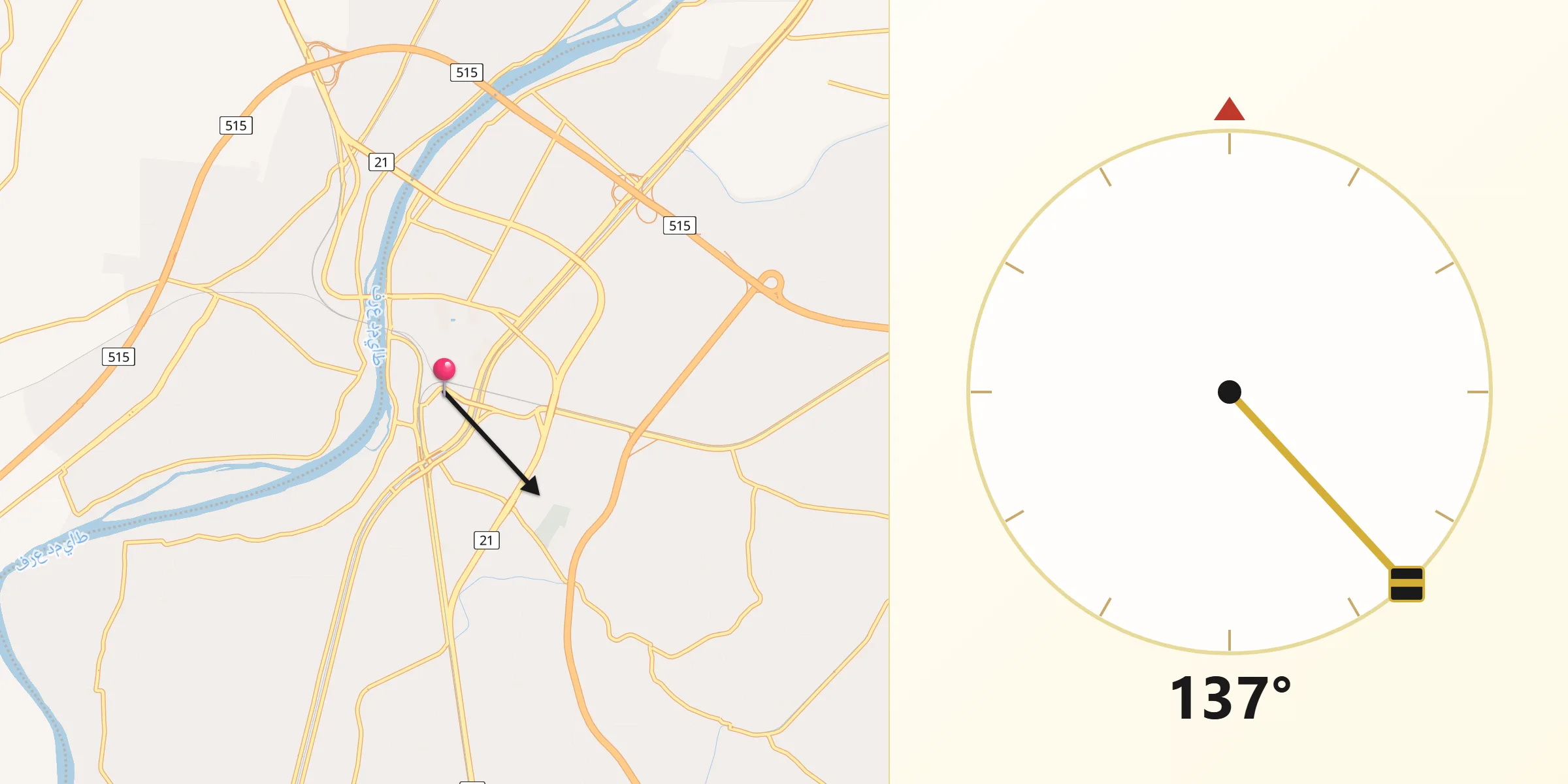 Dirección de la Qibla desde Banhā